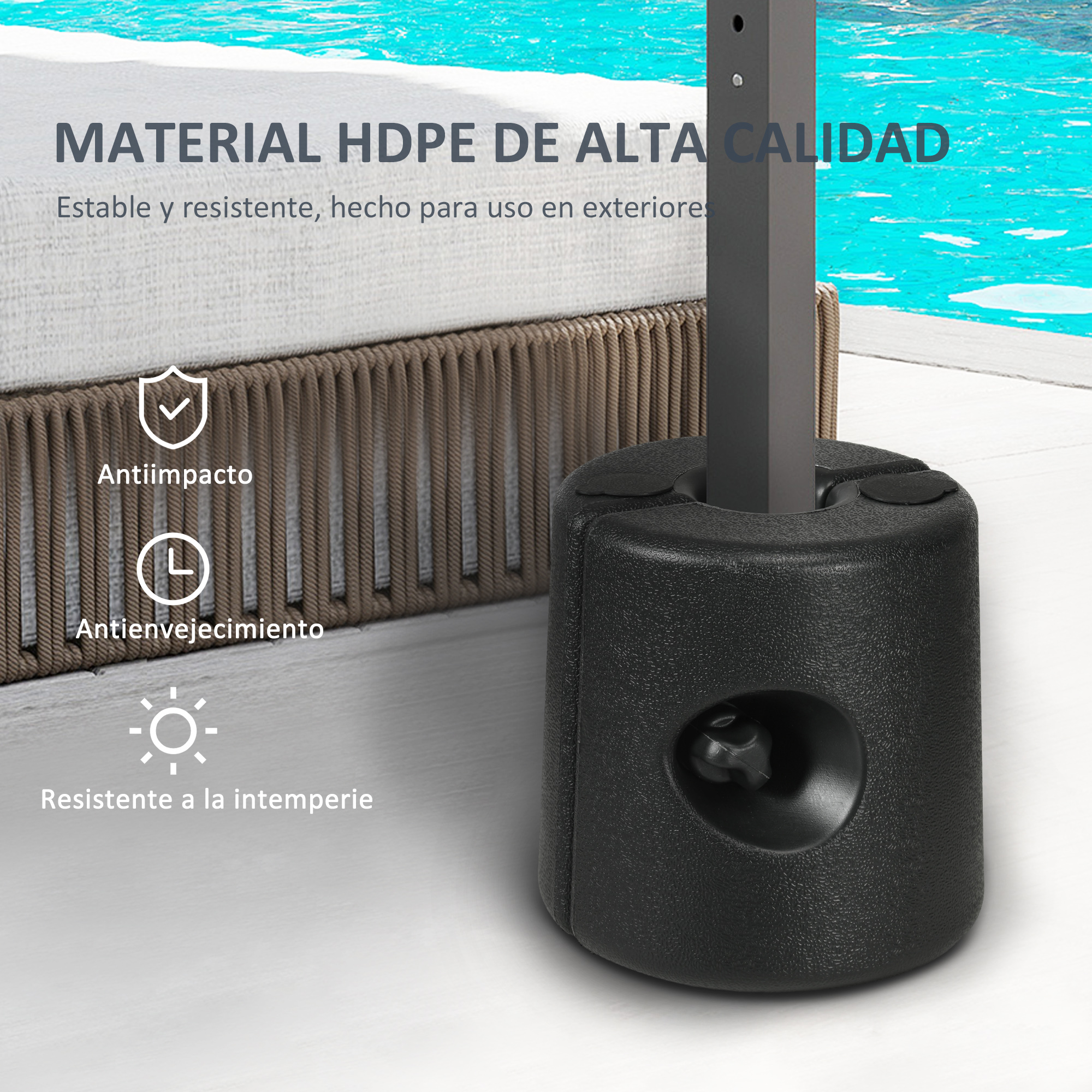 Base de sombrilla negra de HDPE junto a una tumbona con texto e iconos de durabilidad.