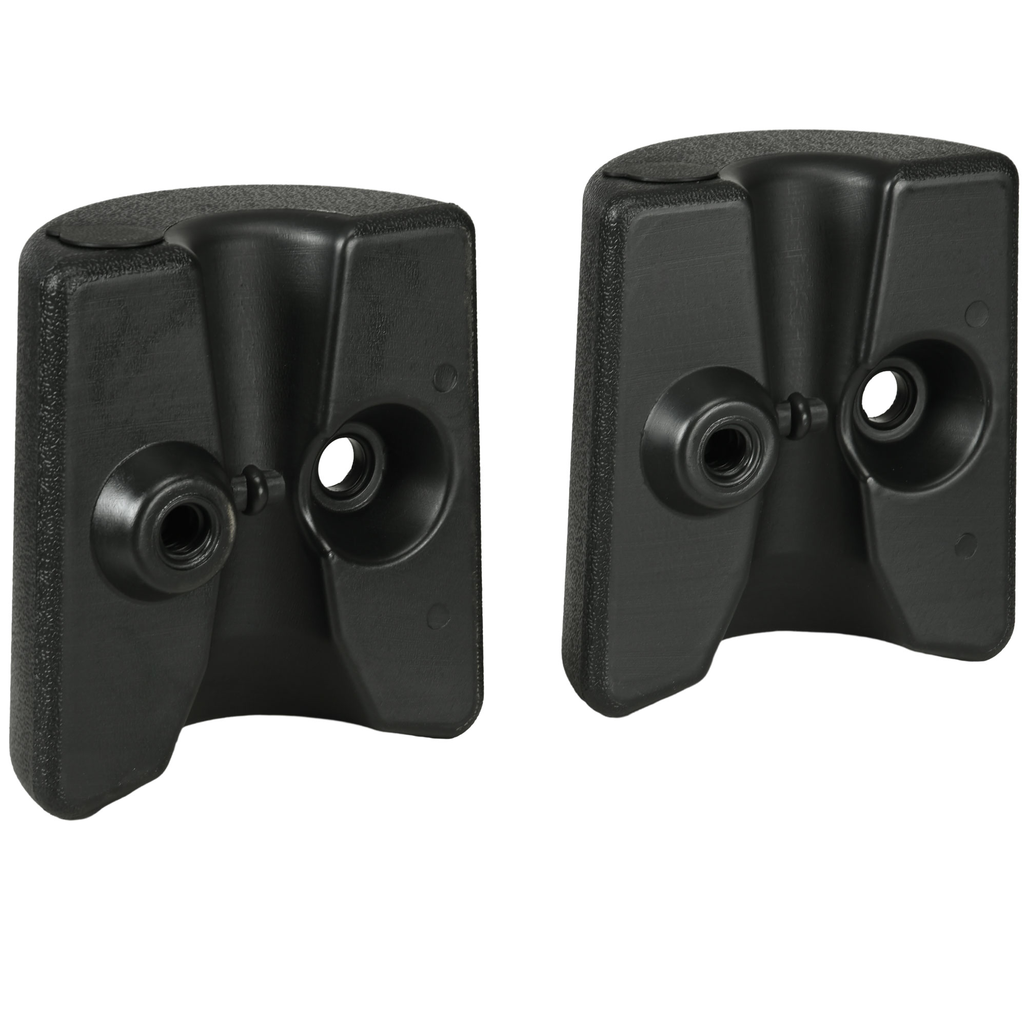 Dos bases de plástico negro para sombrilla con agujeros para tornillos sobre fondo blanco.