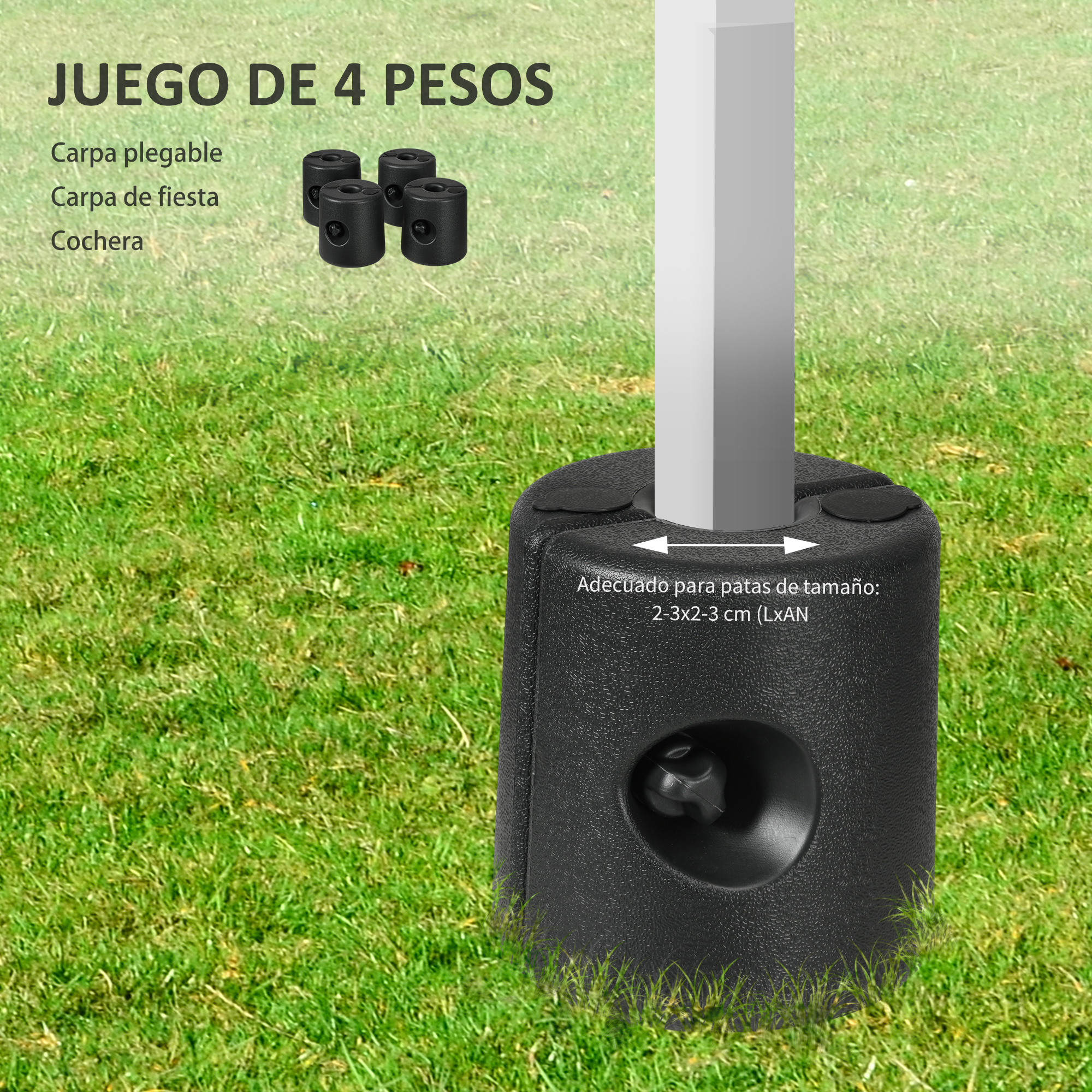 Cuatro pesas negras para patas de carpa sobre césped verde, con una pata insertada en una pesa.
