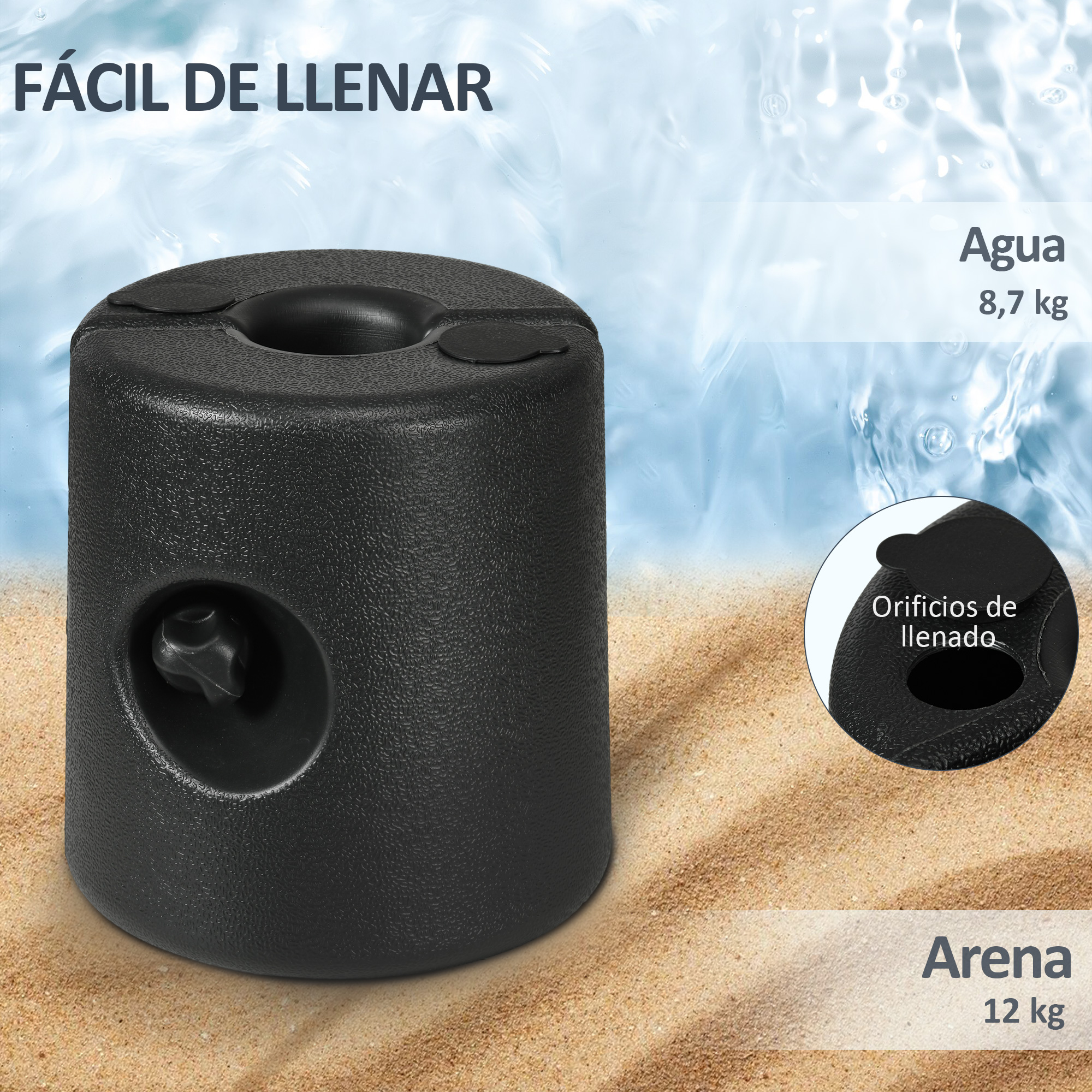 Base de plástico negra para sombrilla en arena, rellenable con agua hasta 8,7 kg o arena hasta 12 kg.
