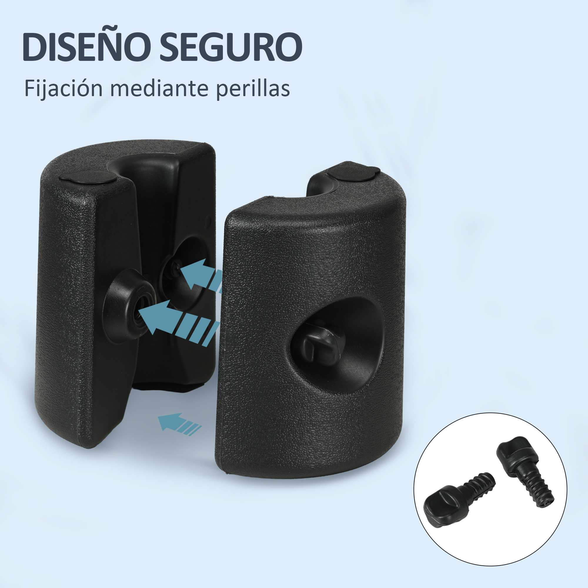 Dos abrazaderas de seguridad de plástico negro con perillas sobre fondo azul claro.