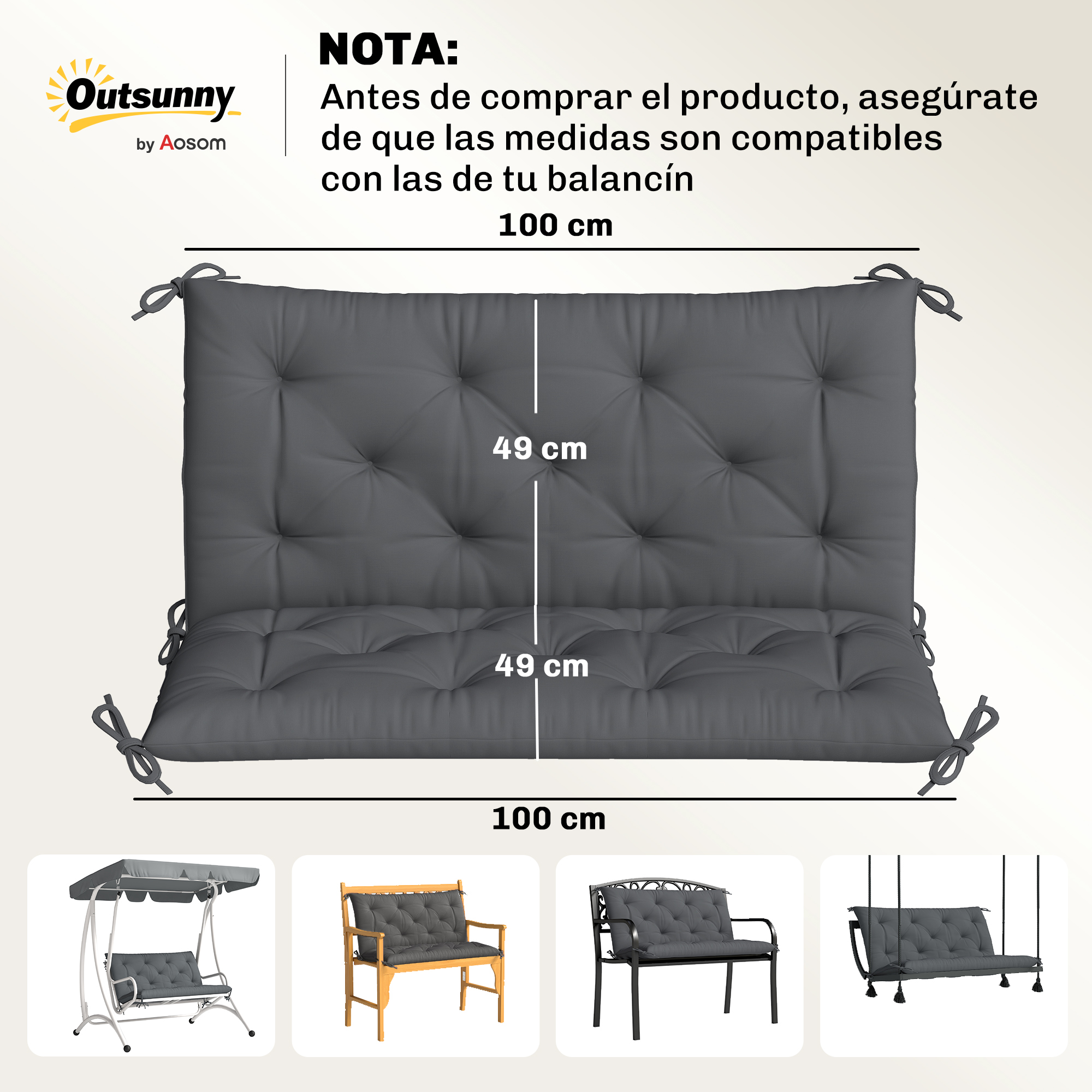 Cojín gris capitoné para balancín de 100x98 cm con lazos, mostrado con asientos de exterior compatibles.