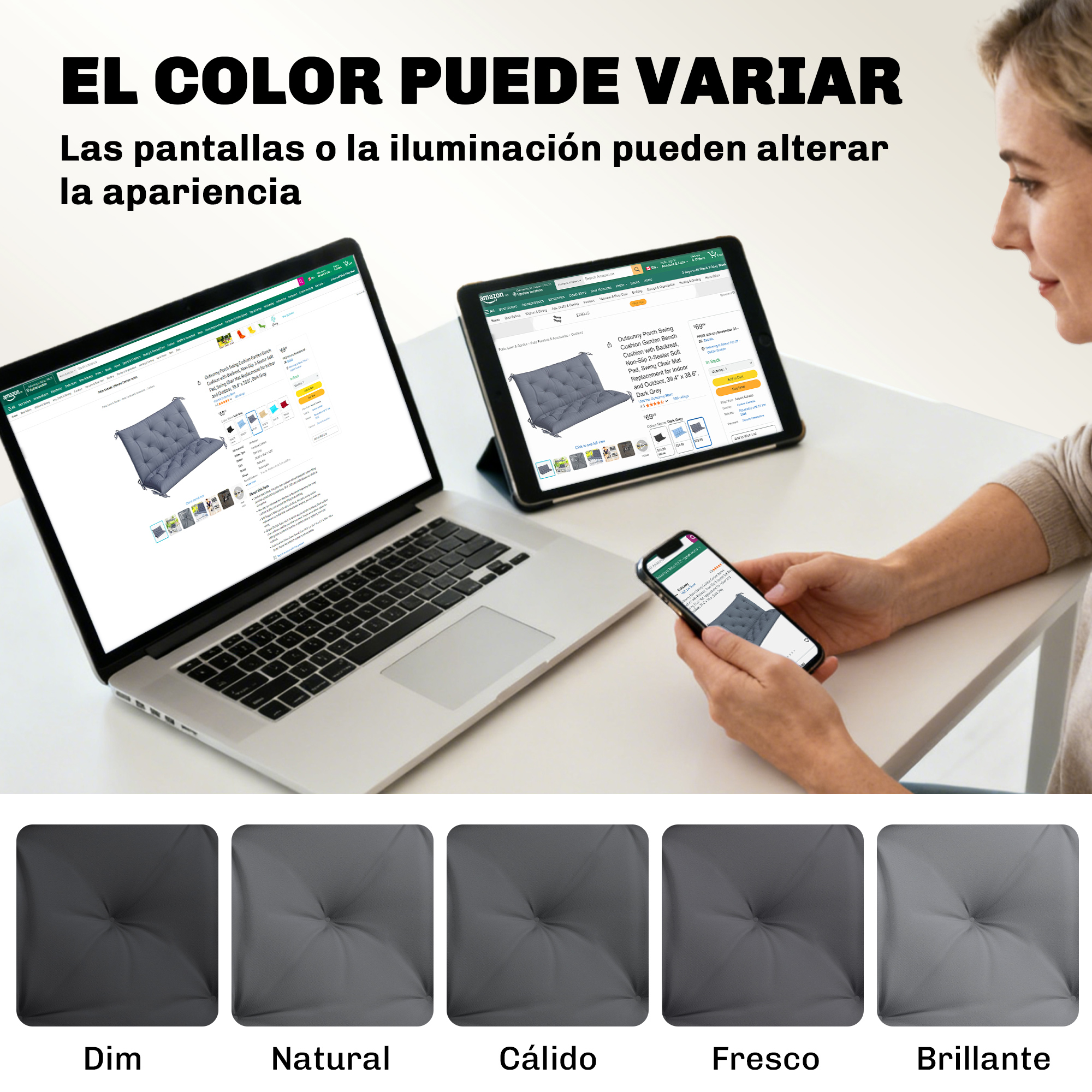 Una persona usa portátil, tablet y móvil para ver un producto y variaciones de color.