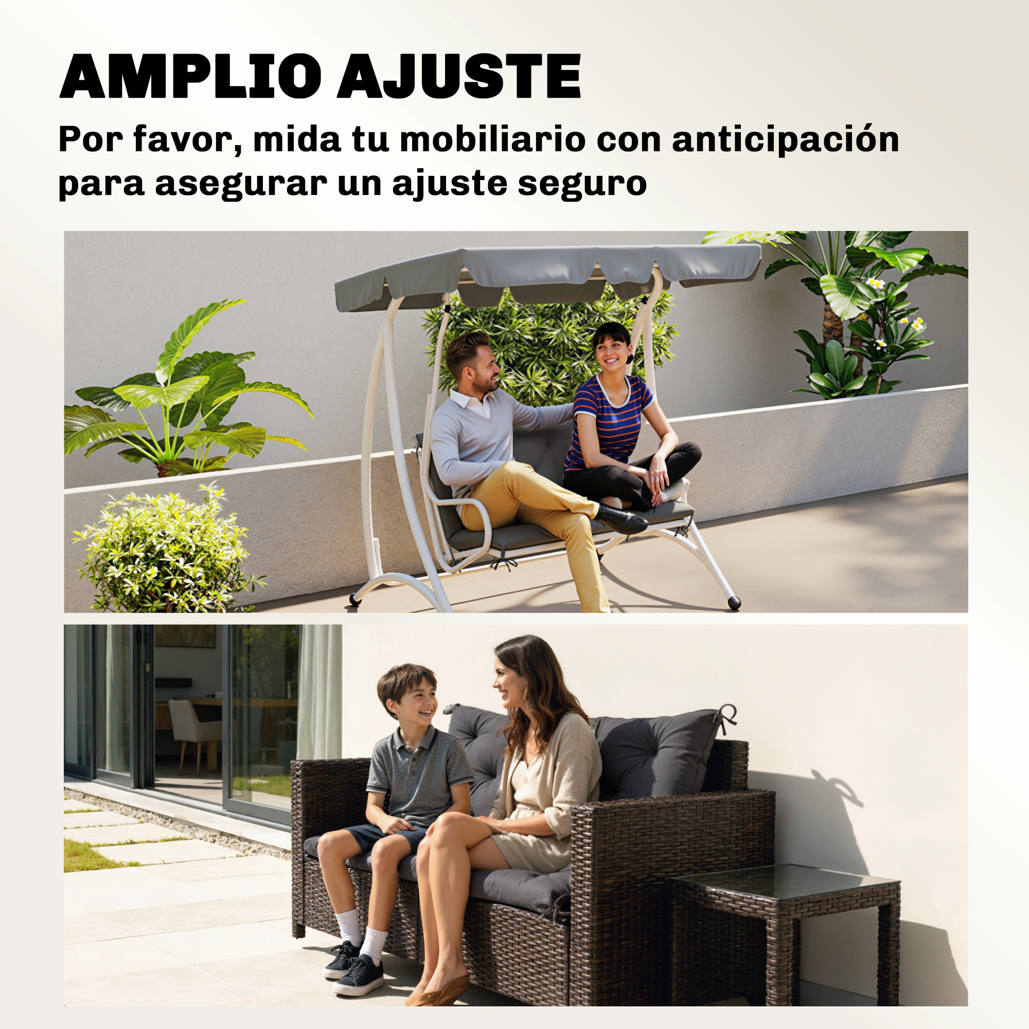 Una pareja se sienta en un columpio y una mujer y un niño en un sofá de mimbre.