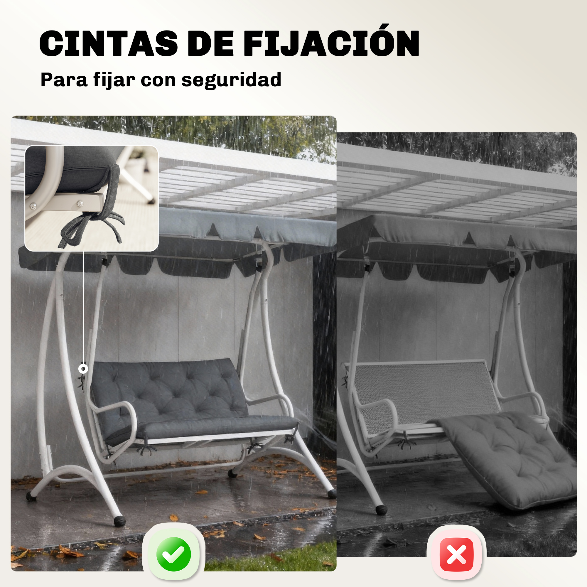 Comparación de dos columpios bajo la lluvia: uno con cojines sujetos por cintas y otro sin ellos.