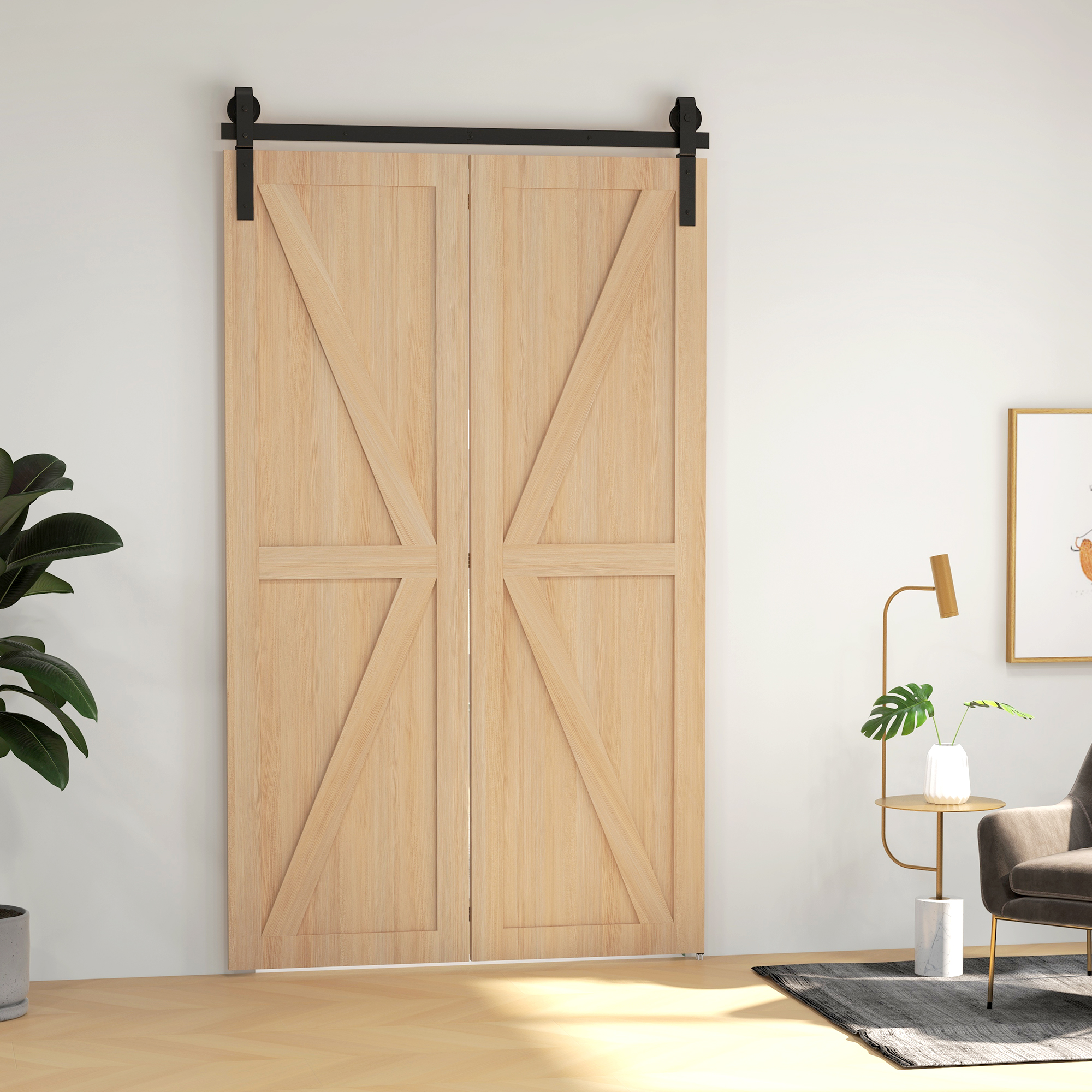 Dos puertas correderas de madera con herrajes negros cuelgan en una pared blanca junto a una planta.