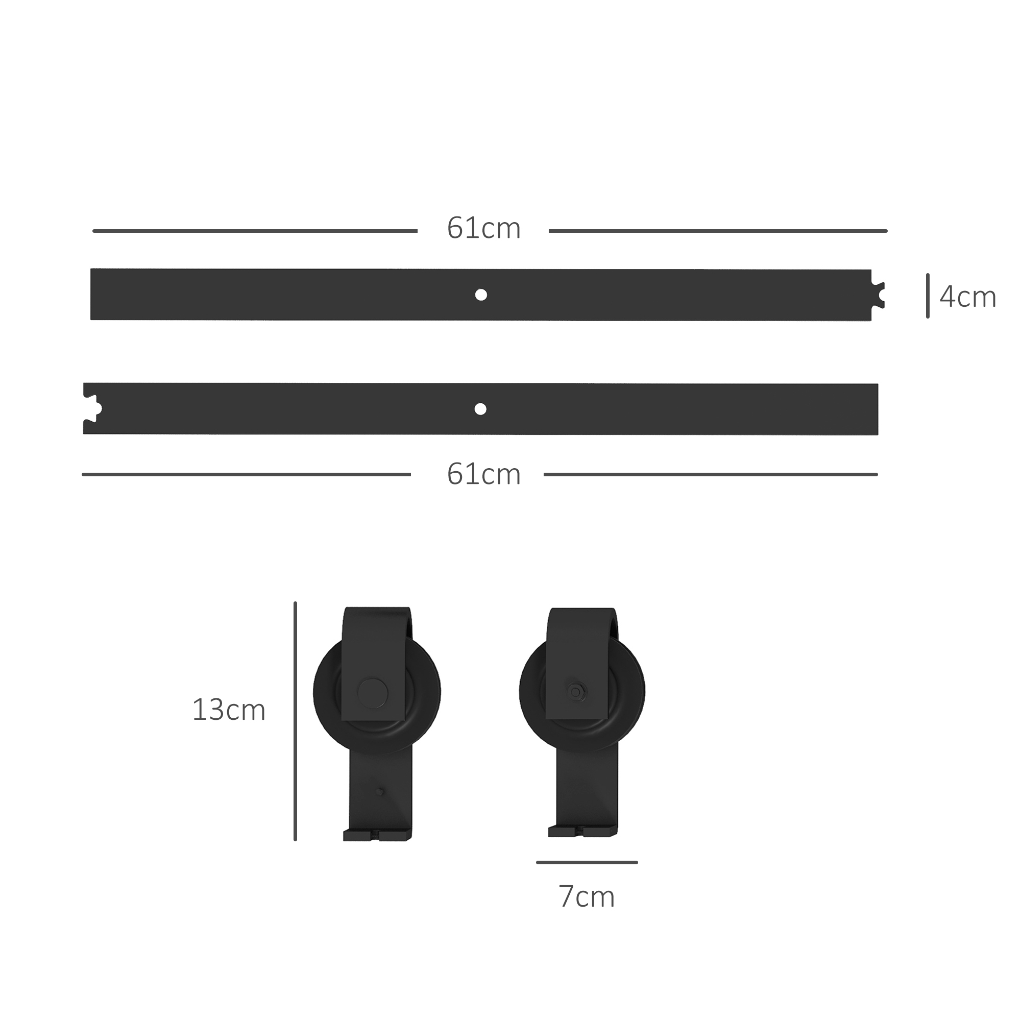 Dibujo técnico de dos rieles de 61cm y dos ruedas de 13cm con medidas de dimensión.