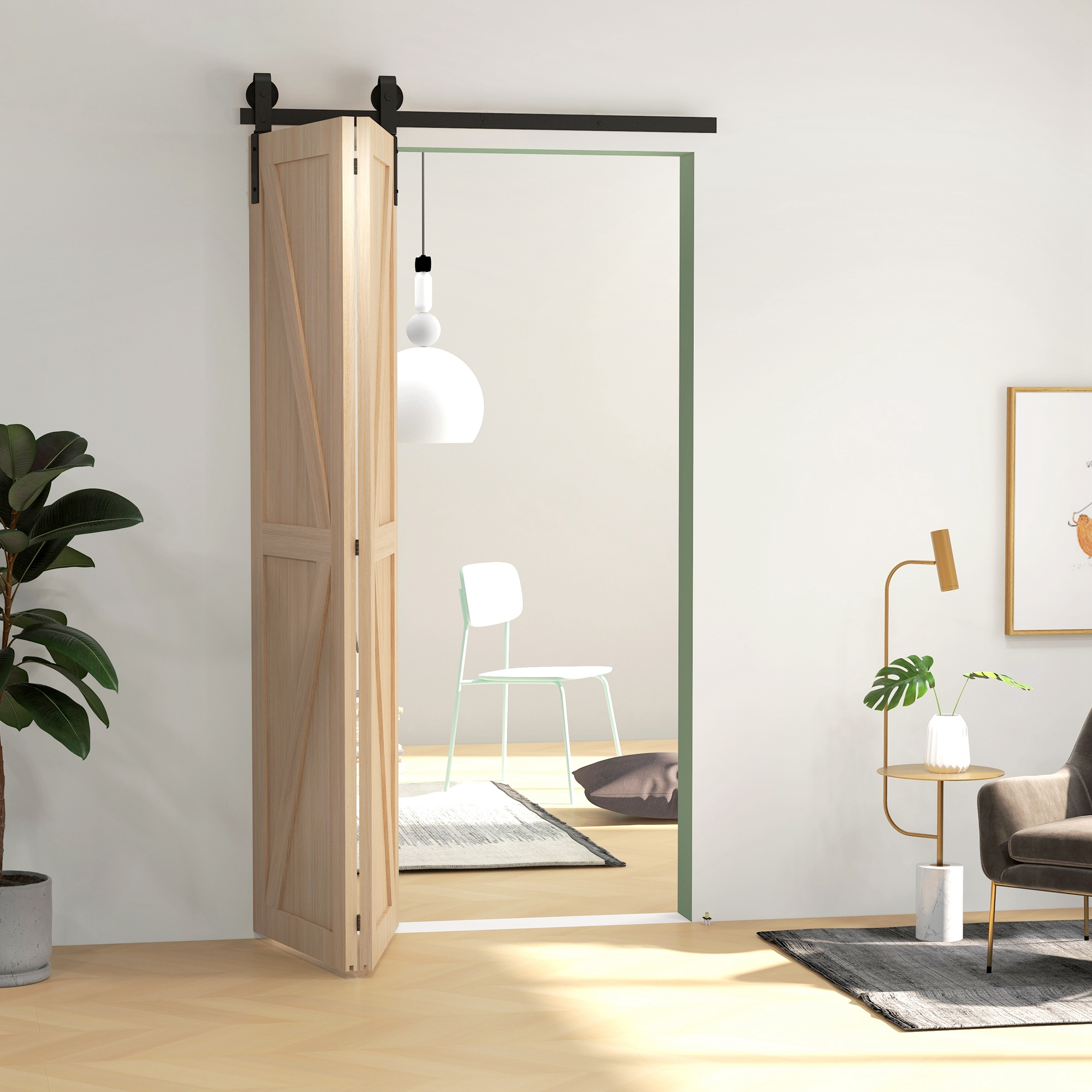 Una puerta plegable de madera se abre a una habitación luminosa con una silla blanca y lámpara colgante.