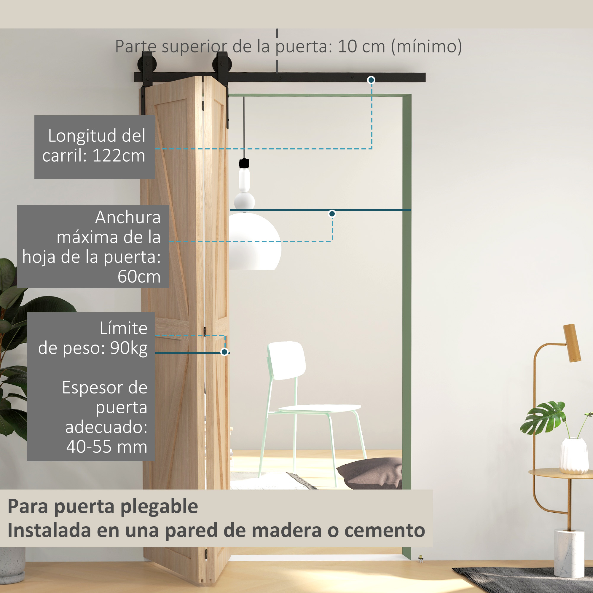 Diagrama con medidas y especificaciones de instalación para puerta plegable.