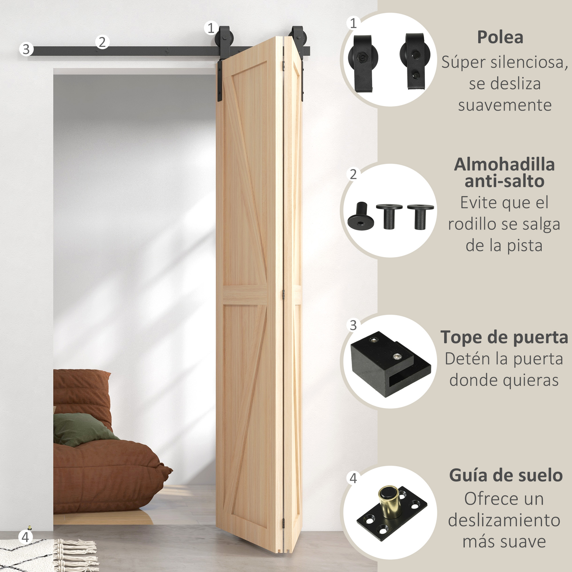 Puerta corredera de madera plegable con herrajes negros, rodillos, almohadillas antideslizantes, topes y guía de suelo.