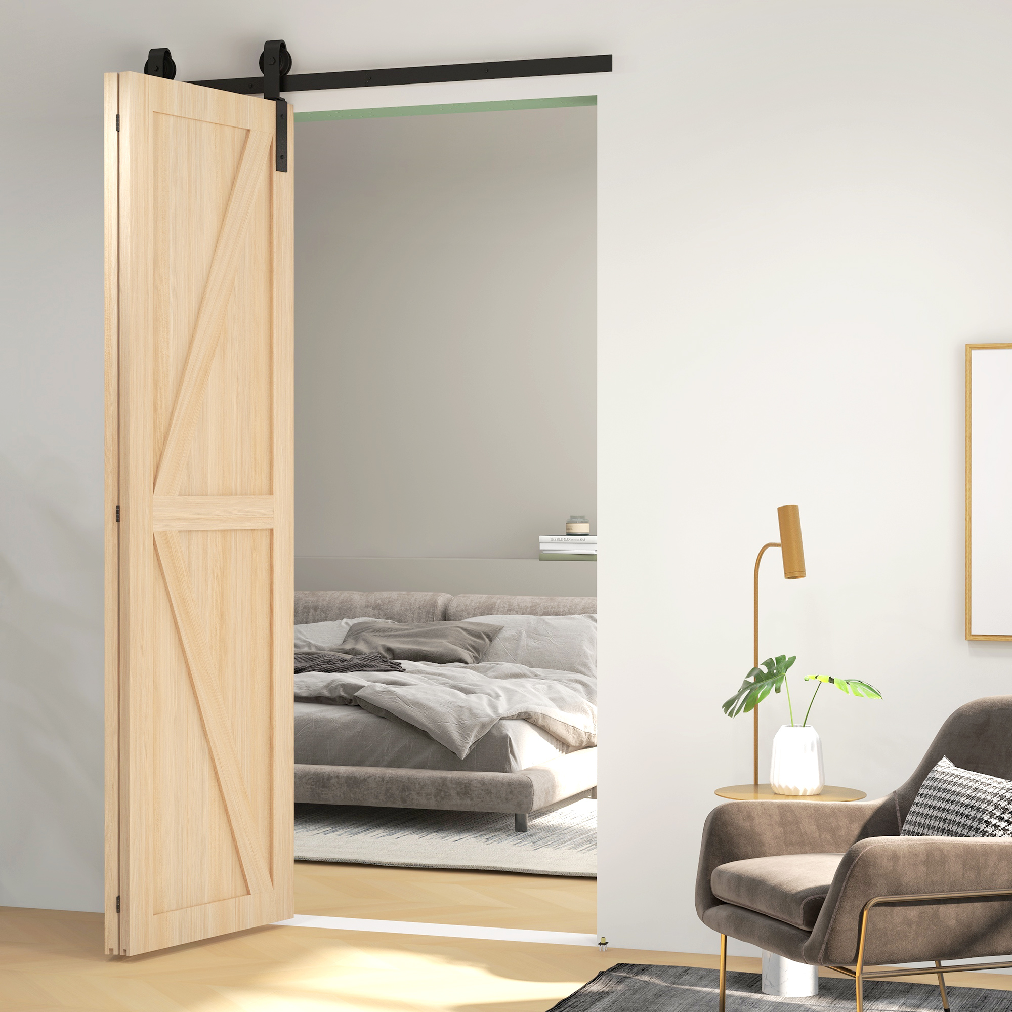 Una puerta corredera de madera se abre a un dormitorio, con un sillón y una lámpara en primer plano.