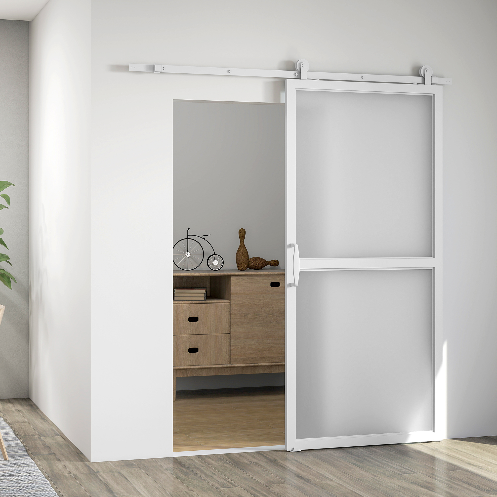 Una puerta corredera de vidrio esmerilado blanco en un riel que revela un aparador de madera.