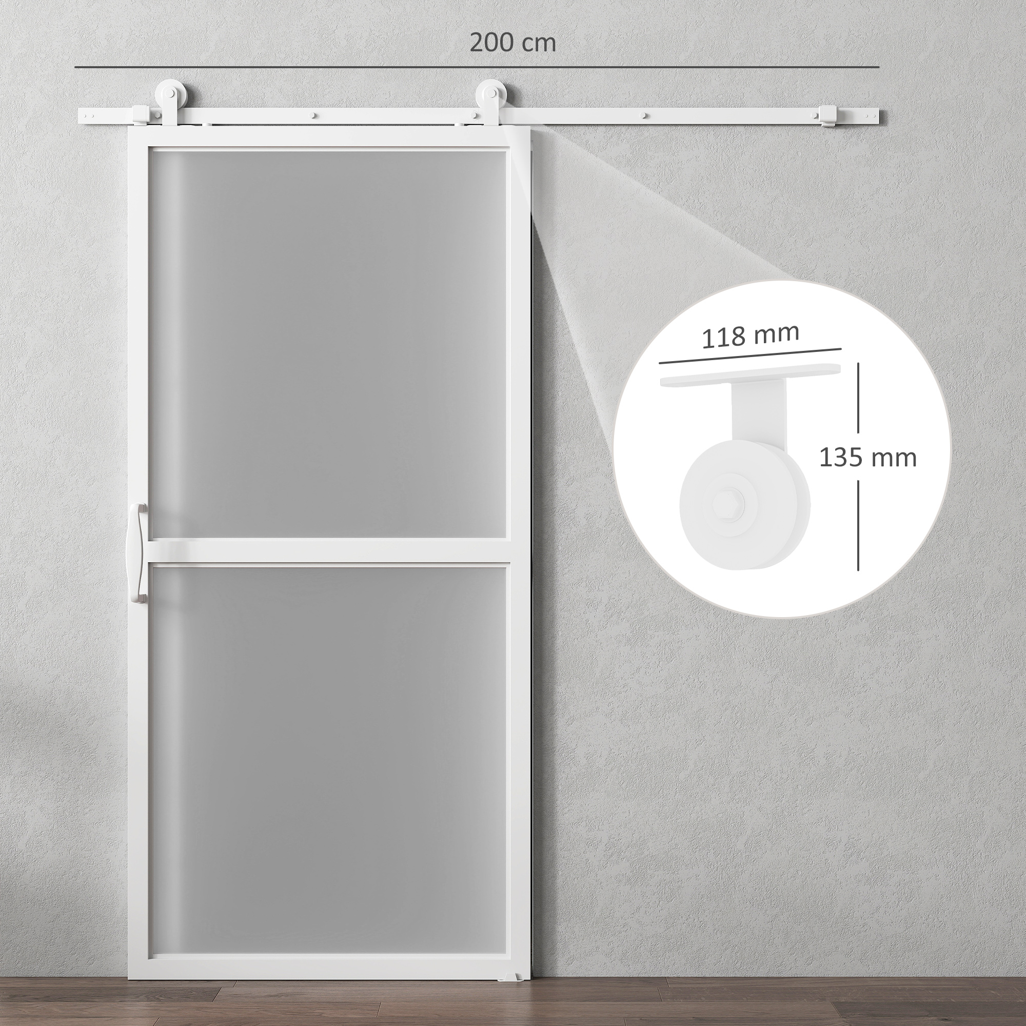 Puerta corredera blanca con vidrio esmerilado, de 200 cm, y detalle de las medidas del rodillo.
