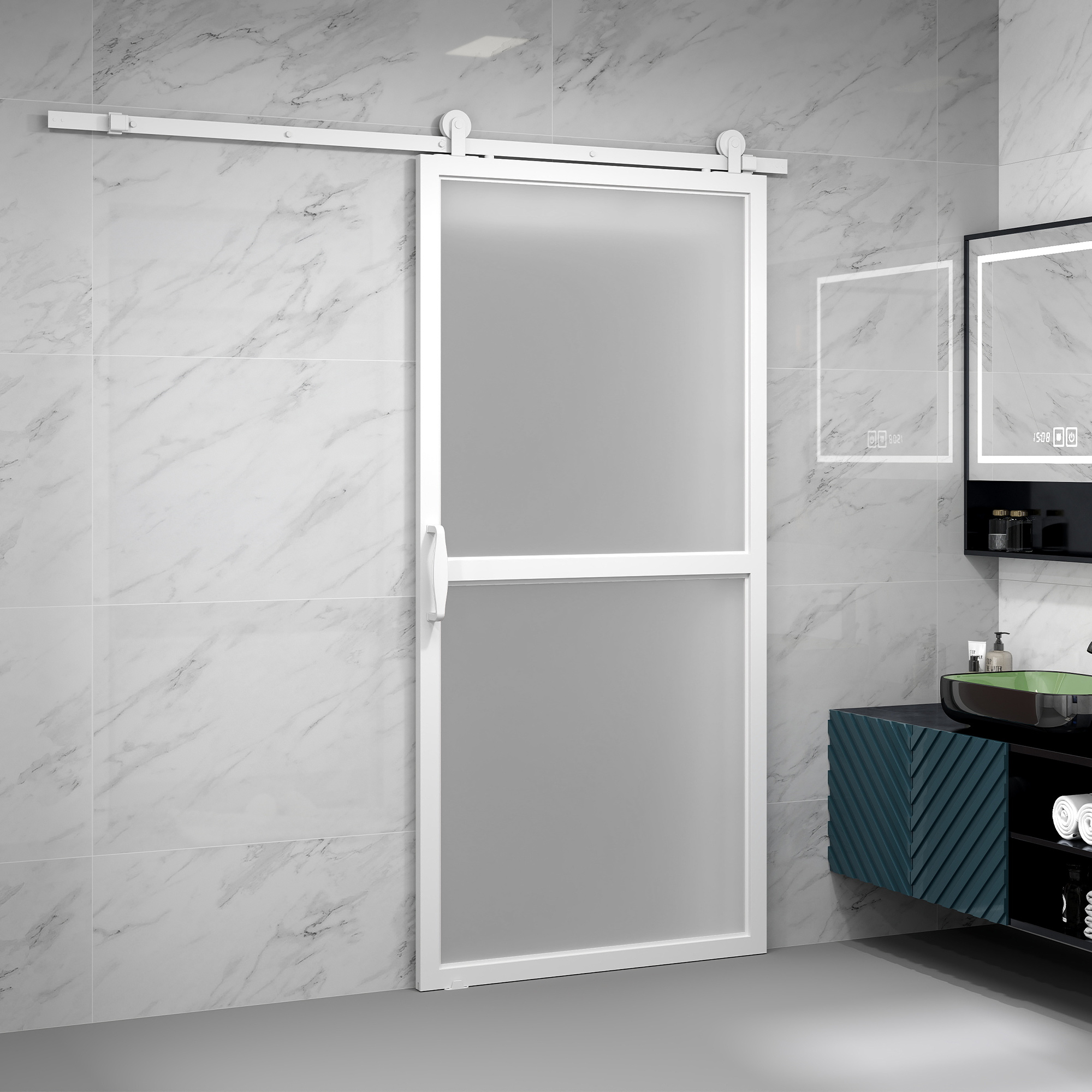 Una puerta corrediza blanca con vidrio esmerilado y un lavabo en un baño con azulejos de mármol.