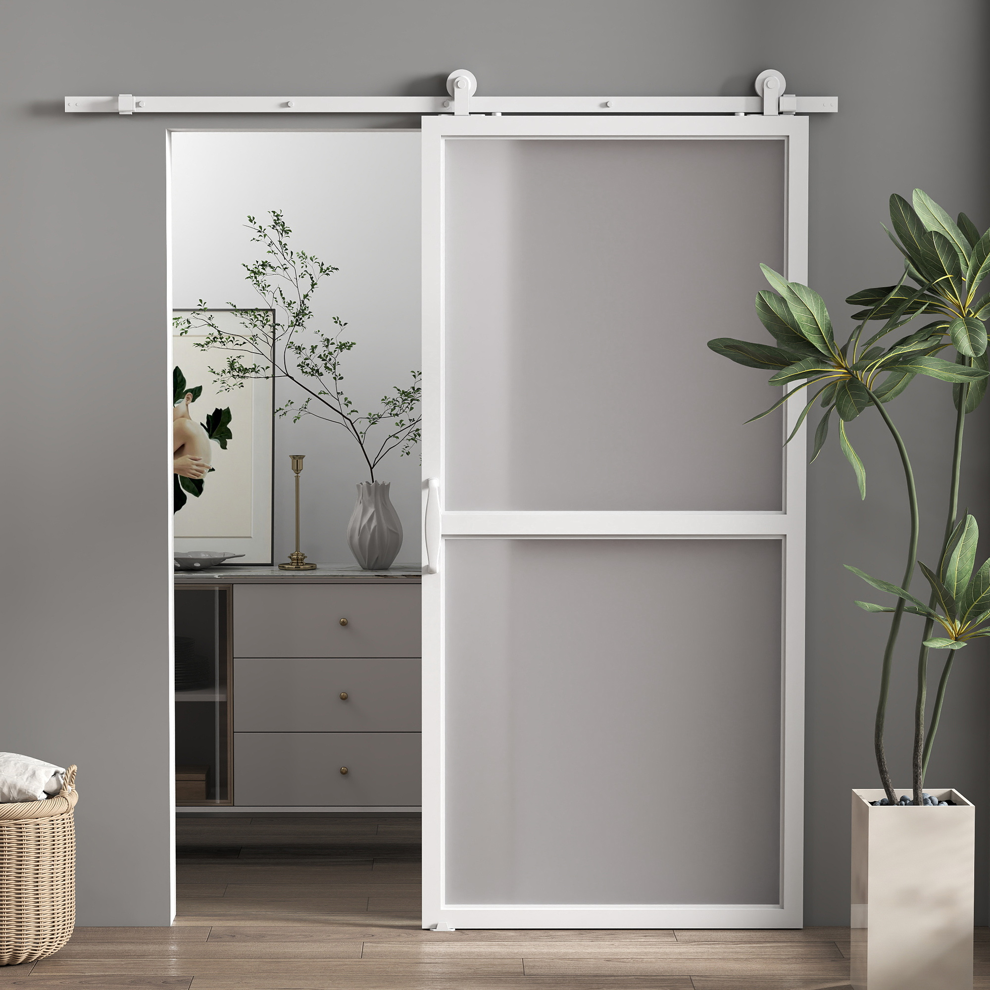 Una puerta corredera blanca con vidrio esmerilado y una planta en maceta verde contra una pared gris.