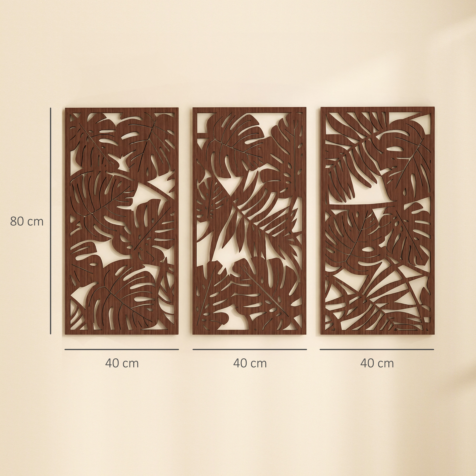 Tres paneles de pared de madera con motivos de hojas tropicales, de 40x80 cm cada uno.