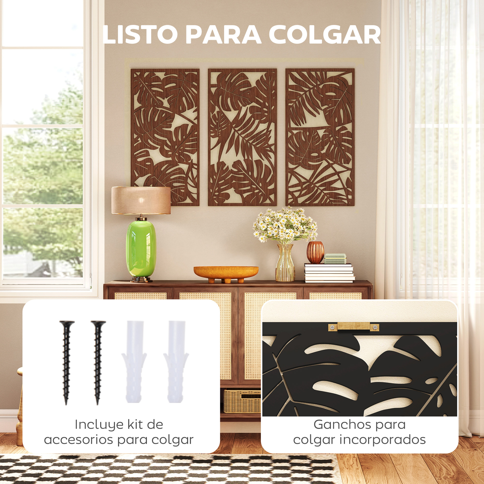 Salón con arte de pared de madera, lámpara, aparador y kit de accesorios.