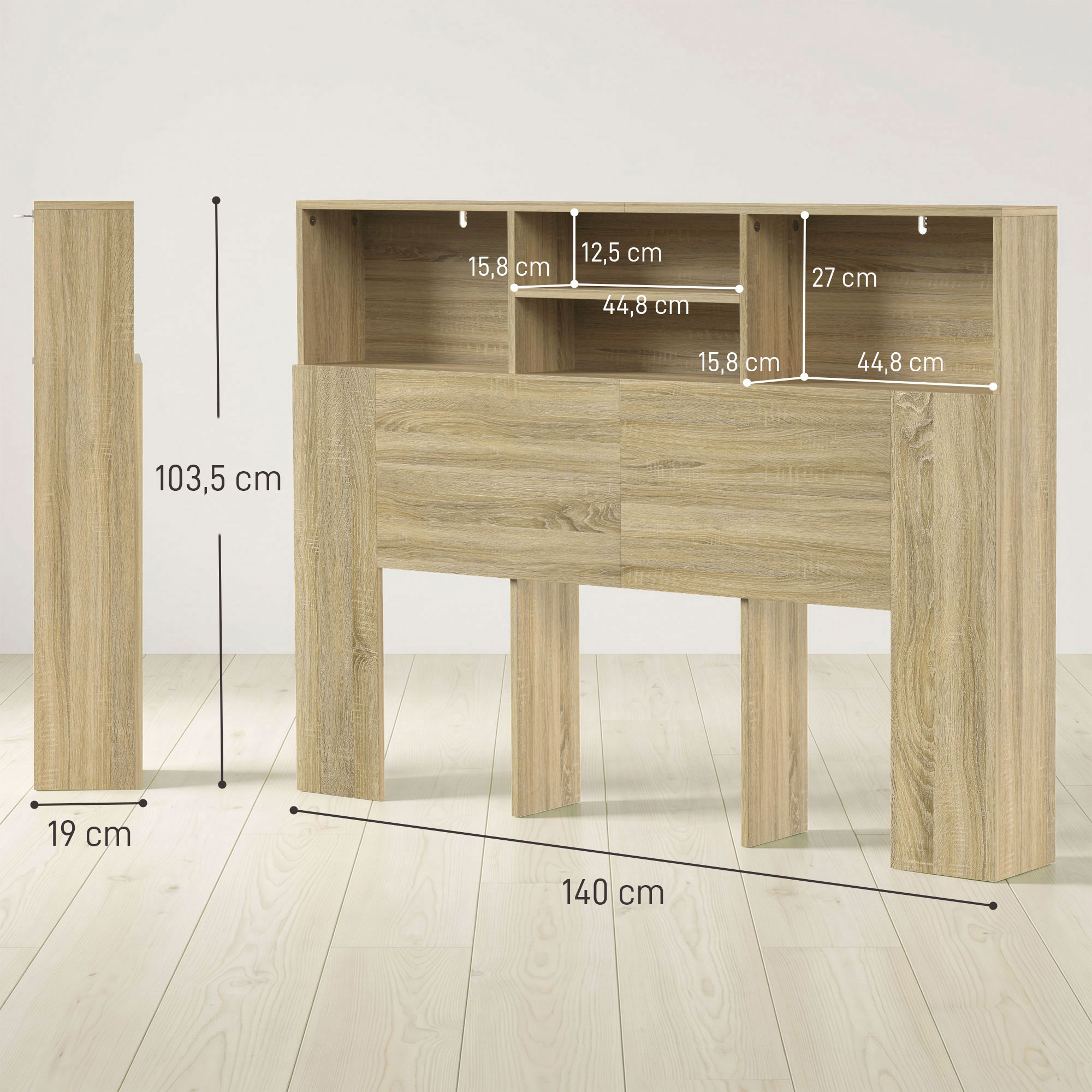 Estante de pared color madera con medidas sobre fondo blanco y suelo de madera clara.
