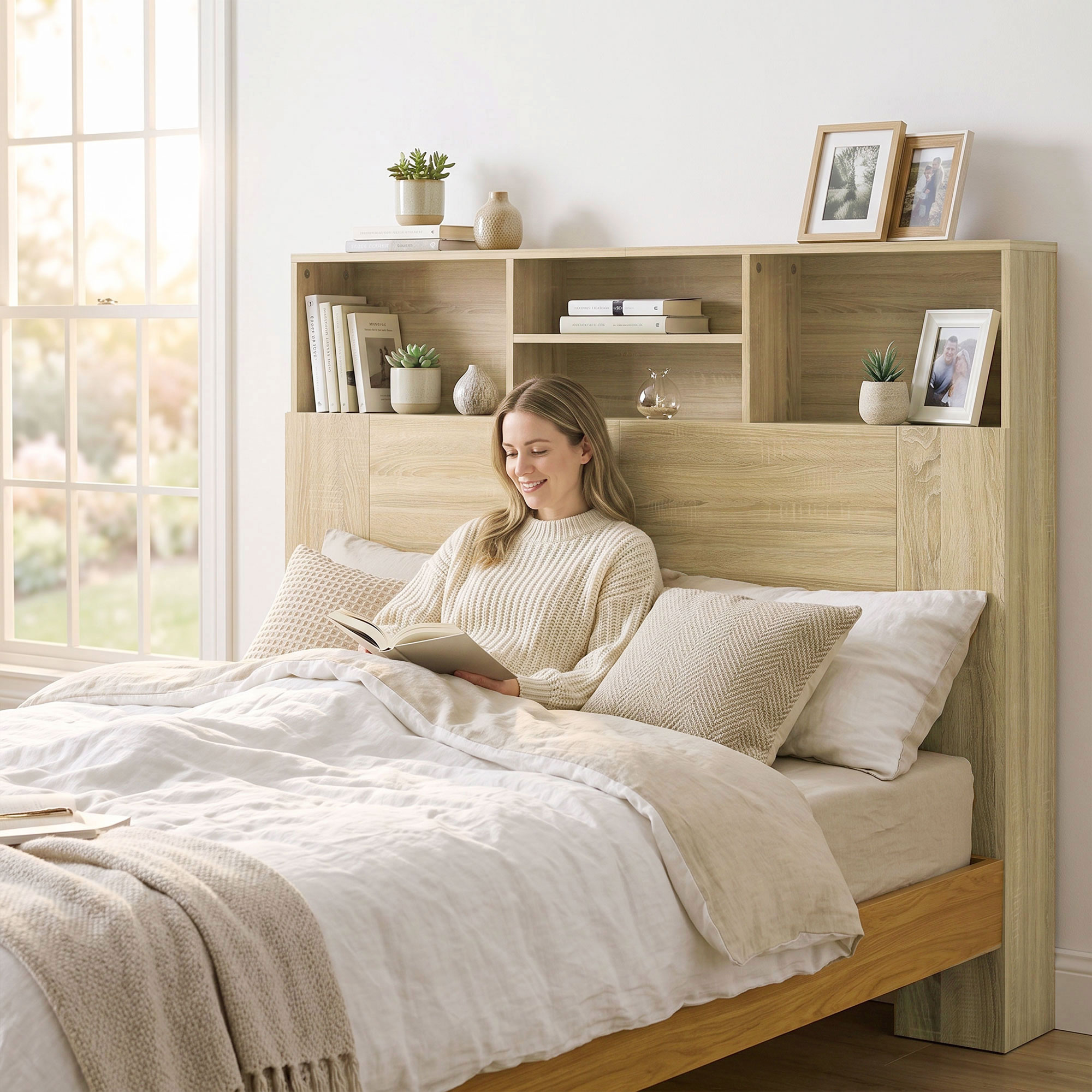 Una mujer rubia lee un libro en la cama frente a un cabecero de madera con estantes.