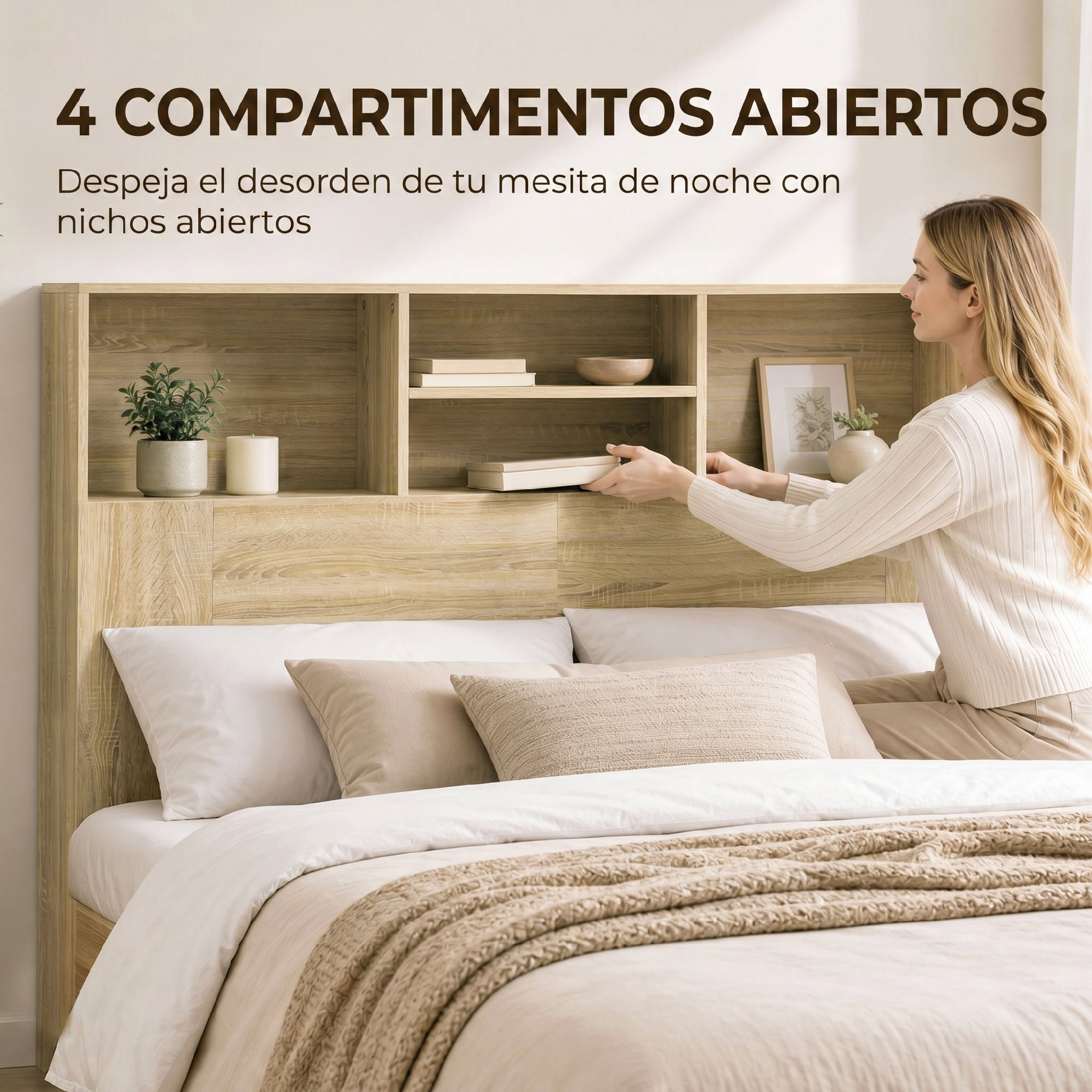 Una mujer coloca un libro en un cabecero de madera con compartimentos abiertos sobre una cama.