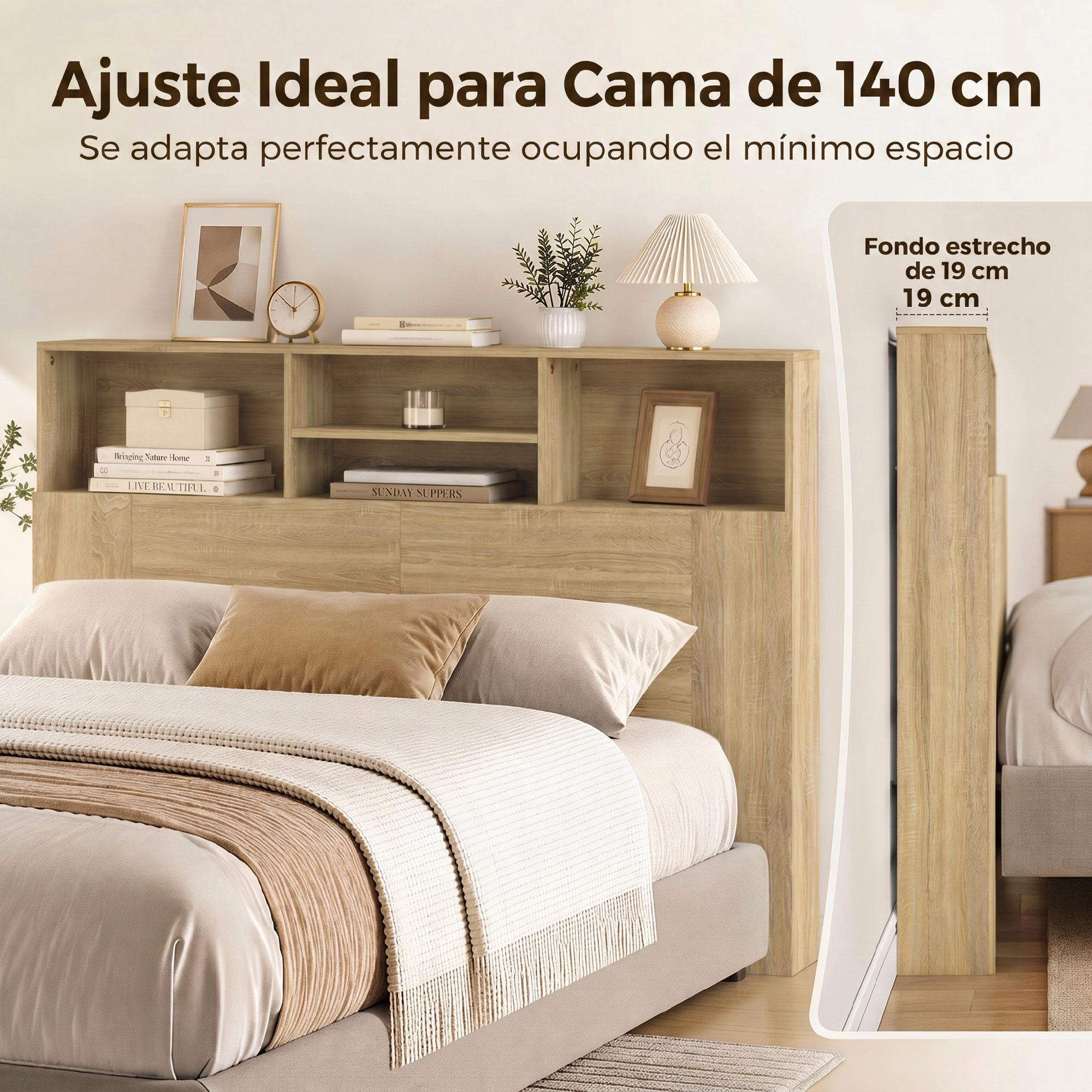 Cabecero de madera con estantes para libros y decoración, tras una cama hecha, mostrando 19 cm de fondo.