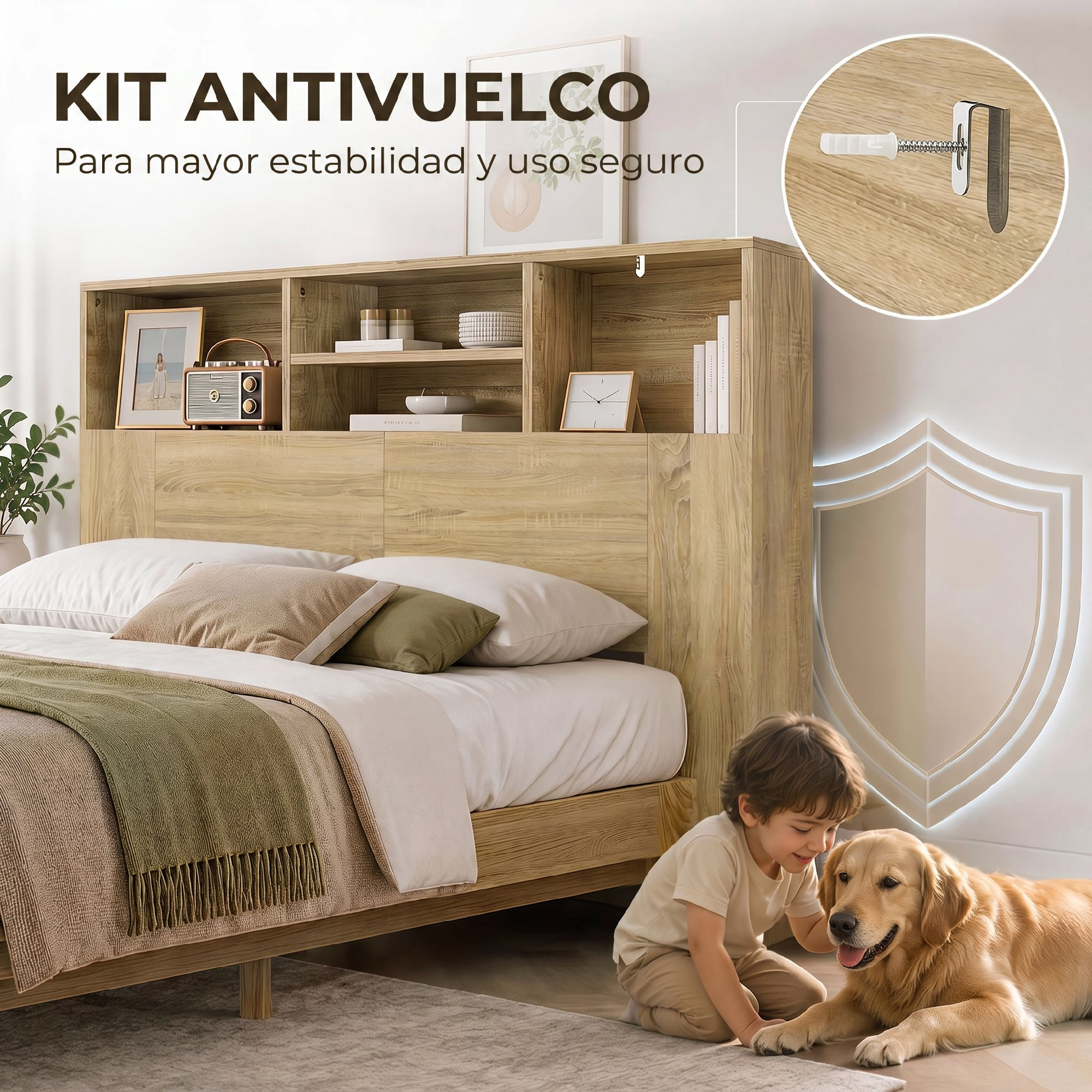 Niño acariciando a un golden retriever junto a una cama de madera con estantería.