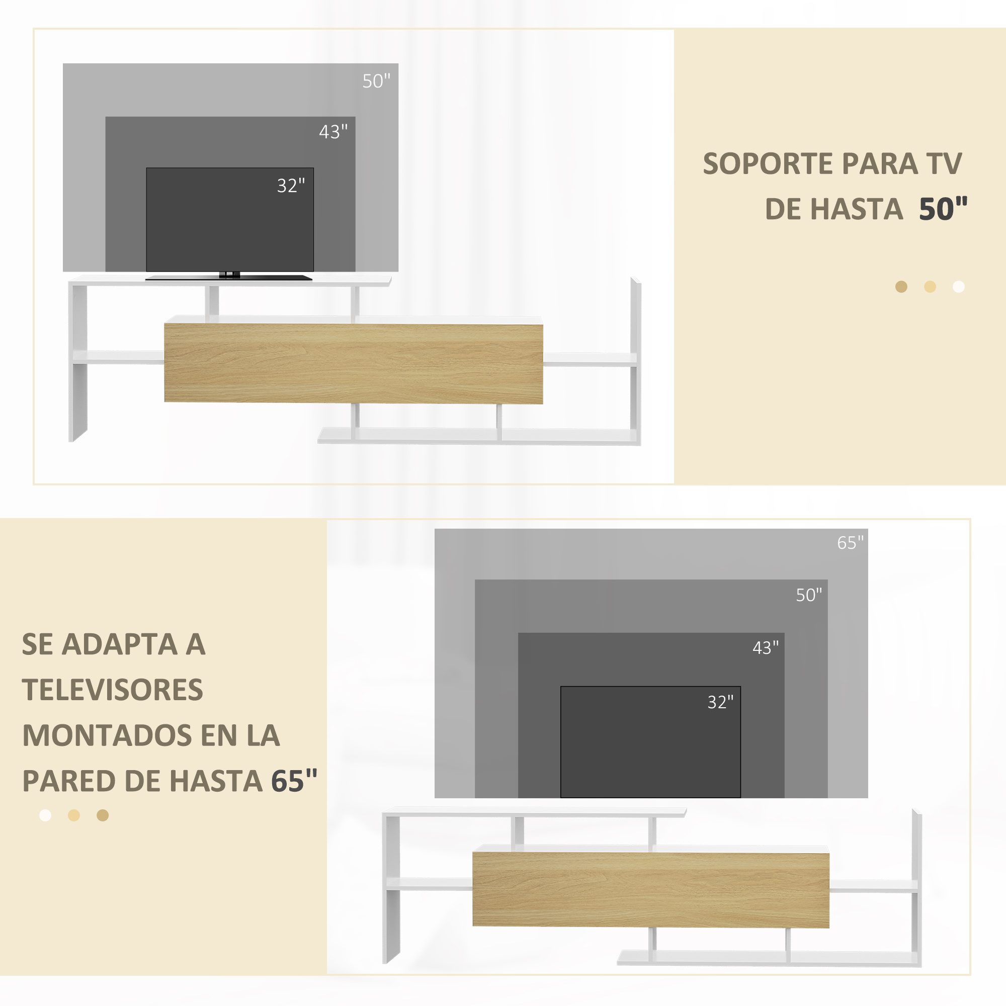 Un mueble de TV blanco y madera que muestra compatibilidad para televisores de 50 y 65 pulgadas.