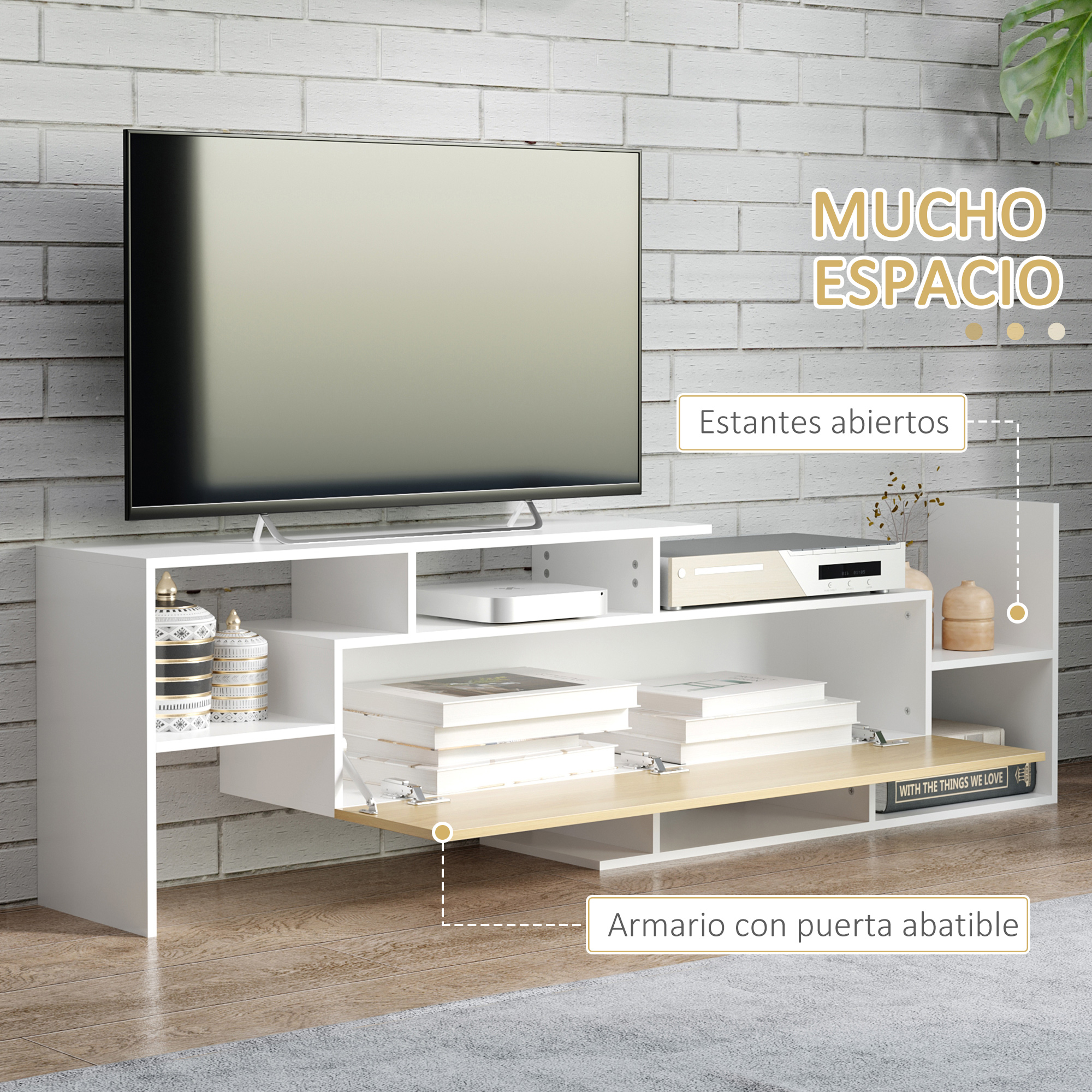 Un mueble de TV blanco con estantes abiertos y puerta abatible, con un televisor, ante una pared de ladrillo.