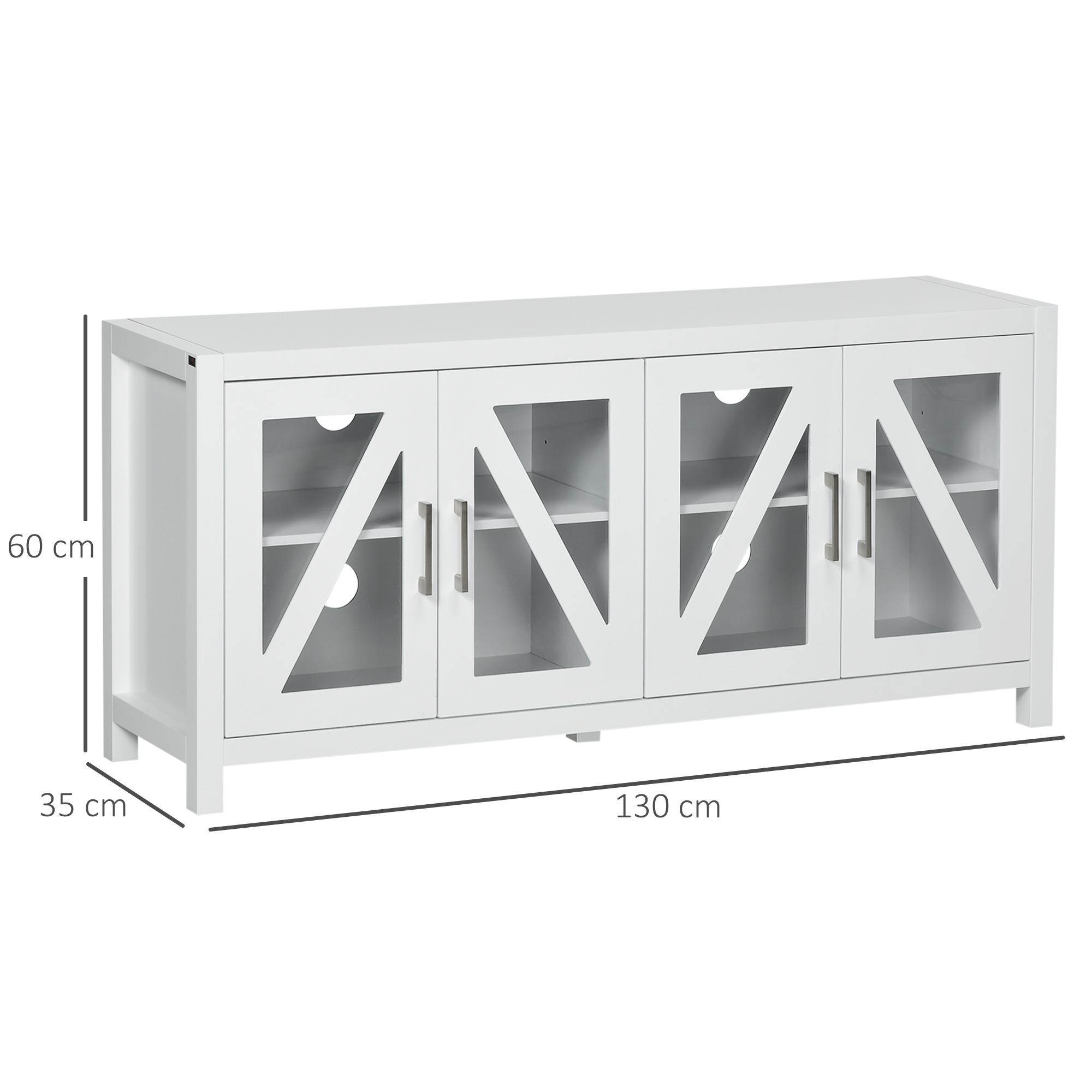 Mueble TV blanco con cuatro puertas de cristal, tirantes diagonales y dimensiones (130x35x60 cm) sobre fondo blanco.