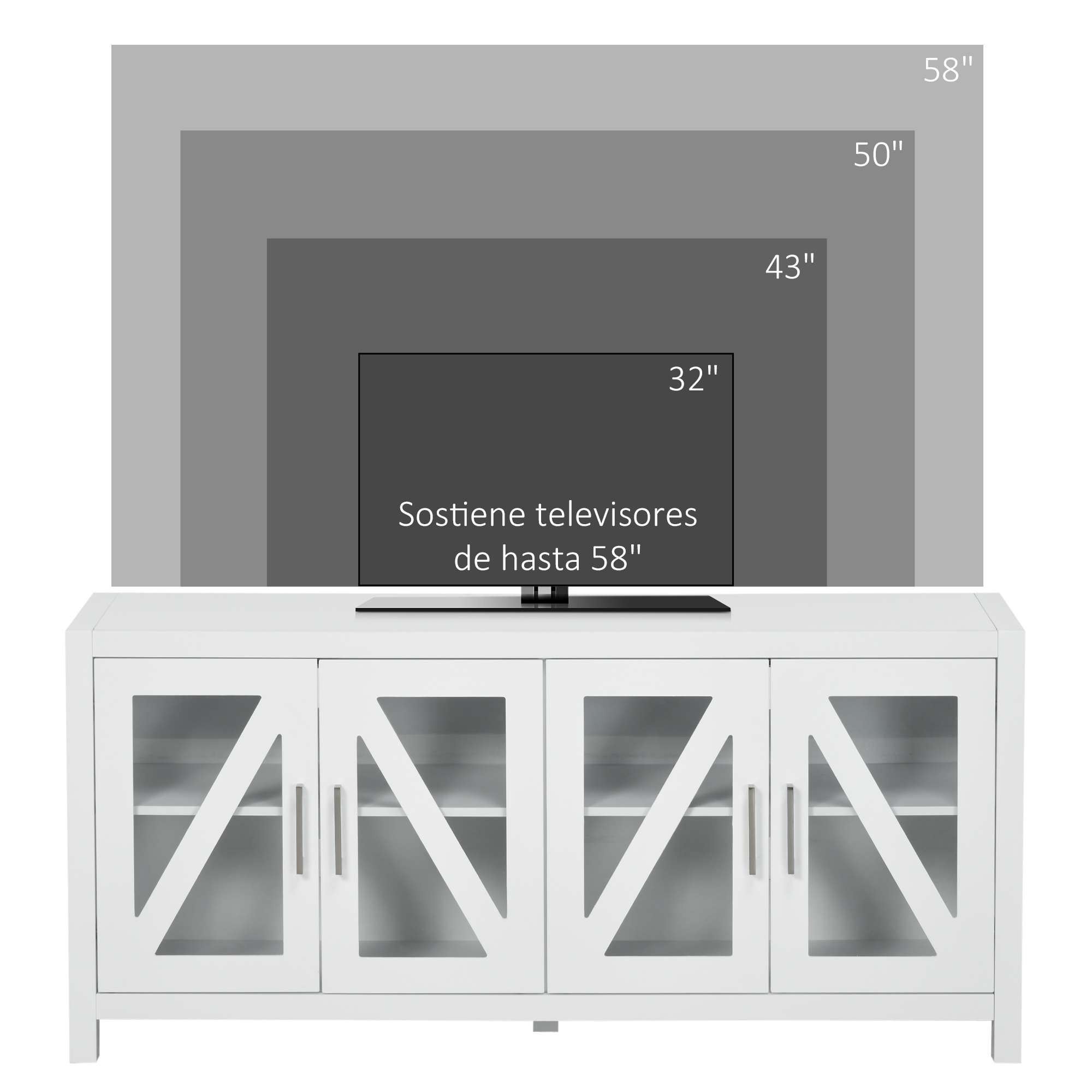 Un mueble de TV blanco con puertas de cristal que sostiene un televisor, con rectángulos de comparación de tamaño.