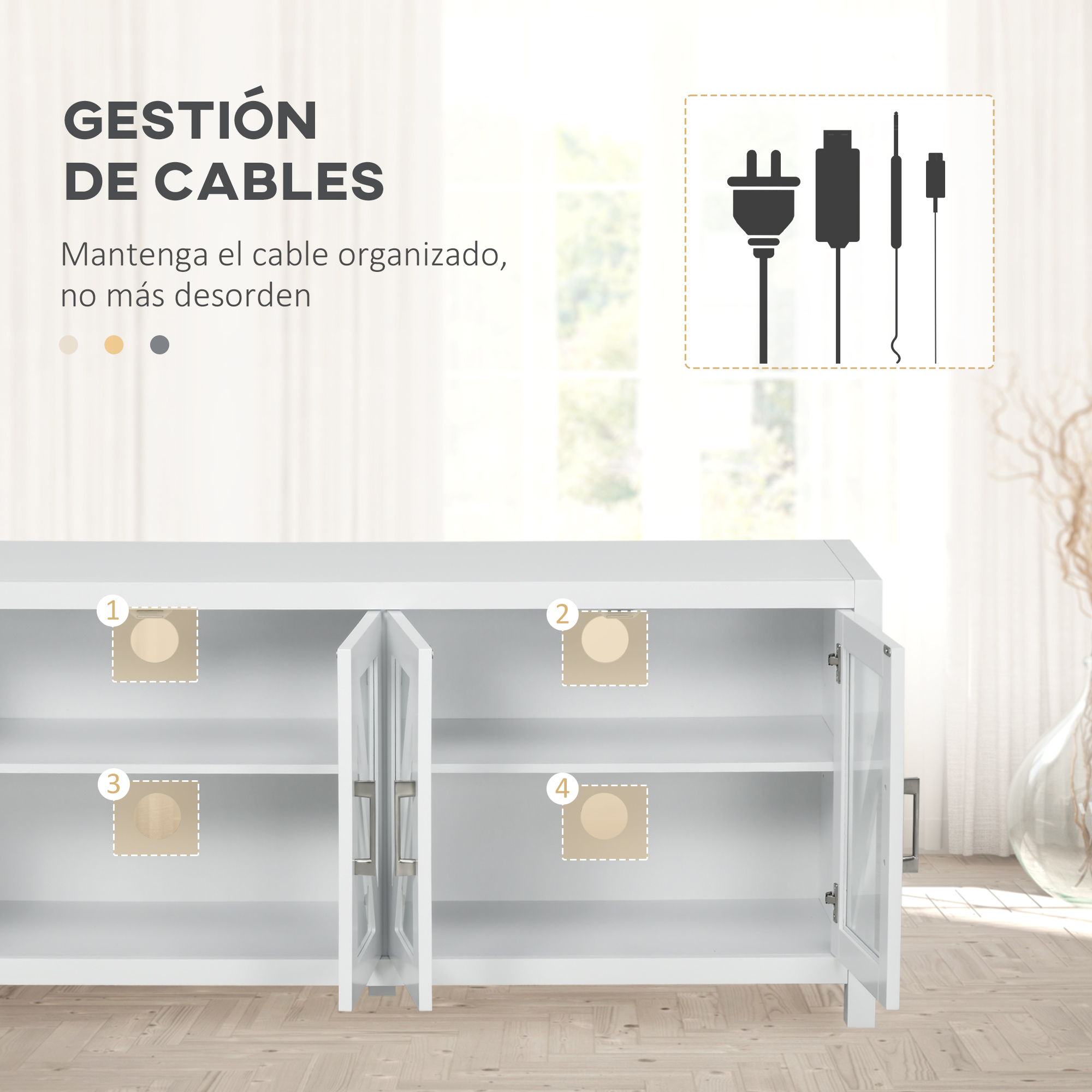 Un aparador blanco con cuatro orificios para cables marcados en el interior e iconos de gestión de cables arriba.