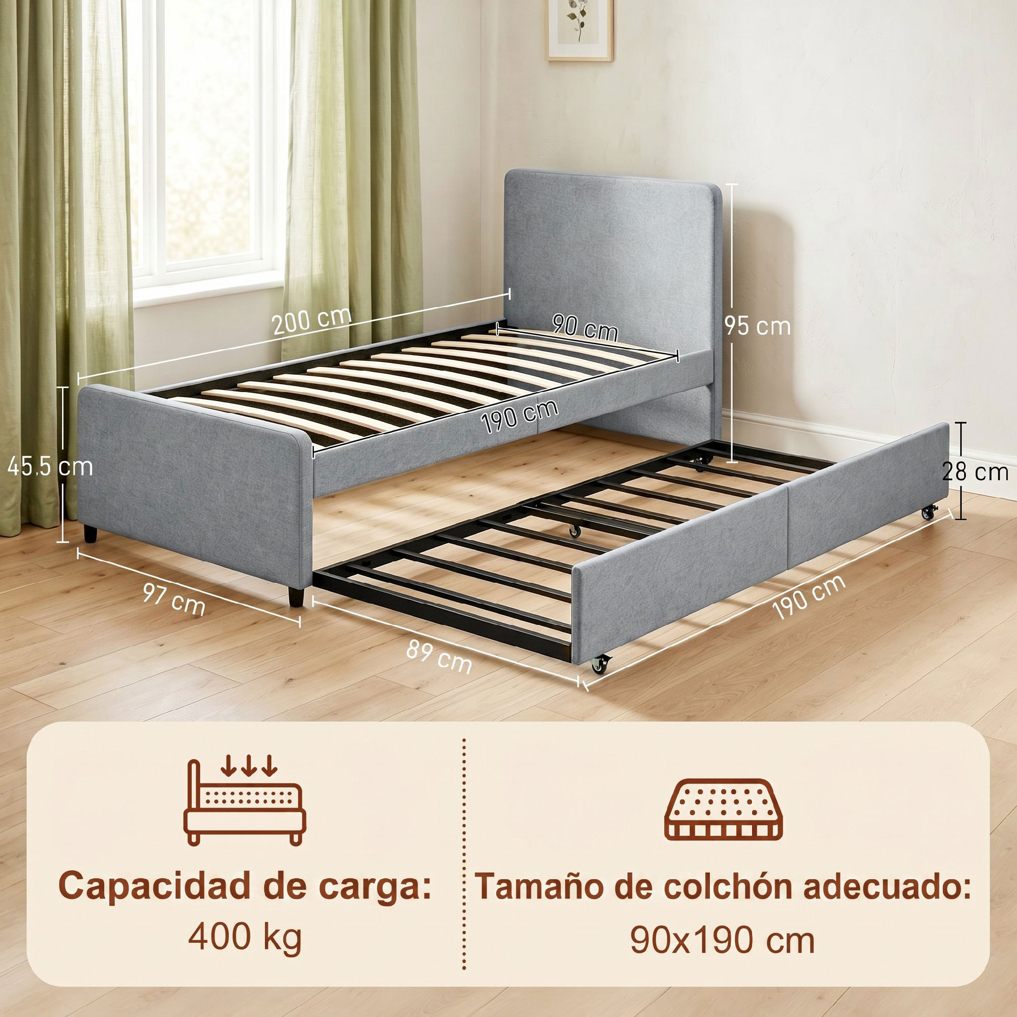 Cama nido extraíble gris con lamas de madera y medidas en un suelo de madera.