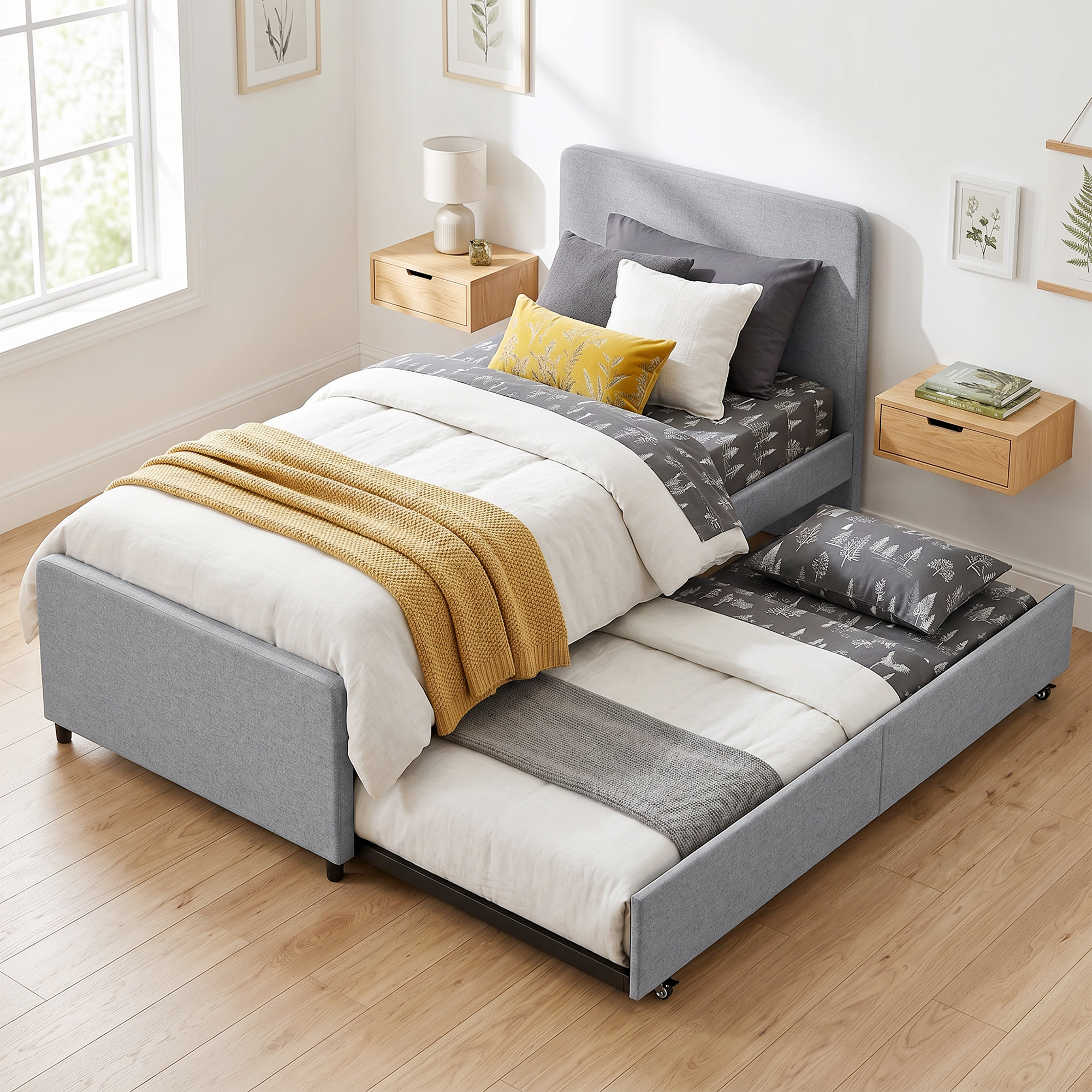Cama tapizada gris con nido extraíble, manta amarilla, cojines y mesitas de noche flotantes en habitación luminosa.