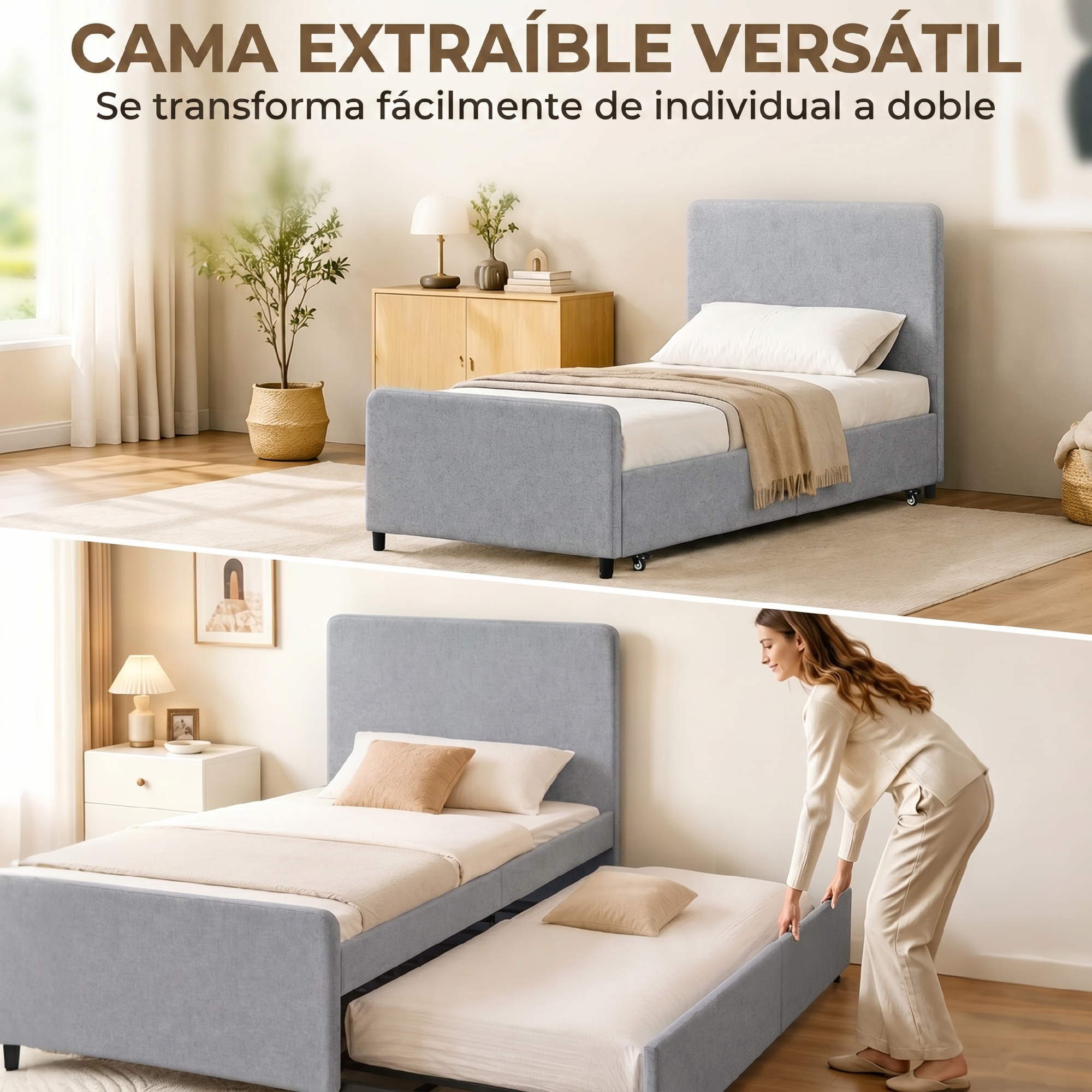 Una mujer saca una cama nido de debajo de una cama individual en una habitación luminosa y moderna.