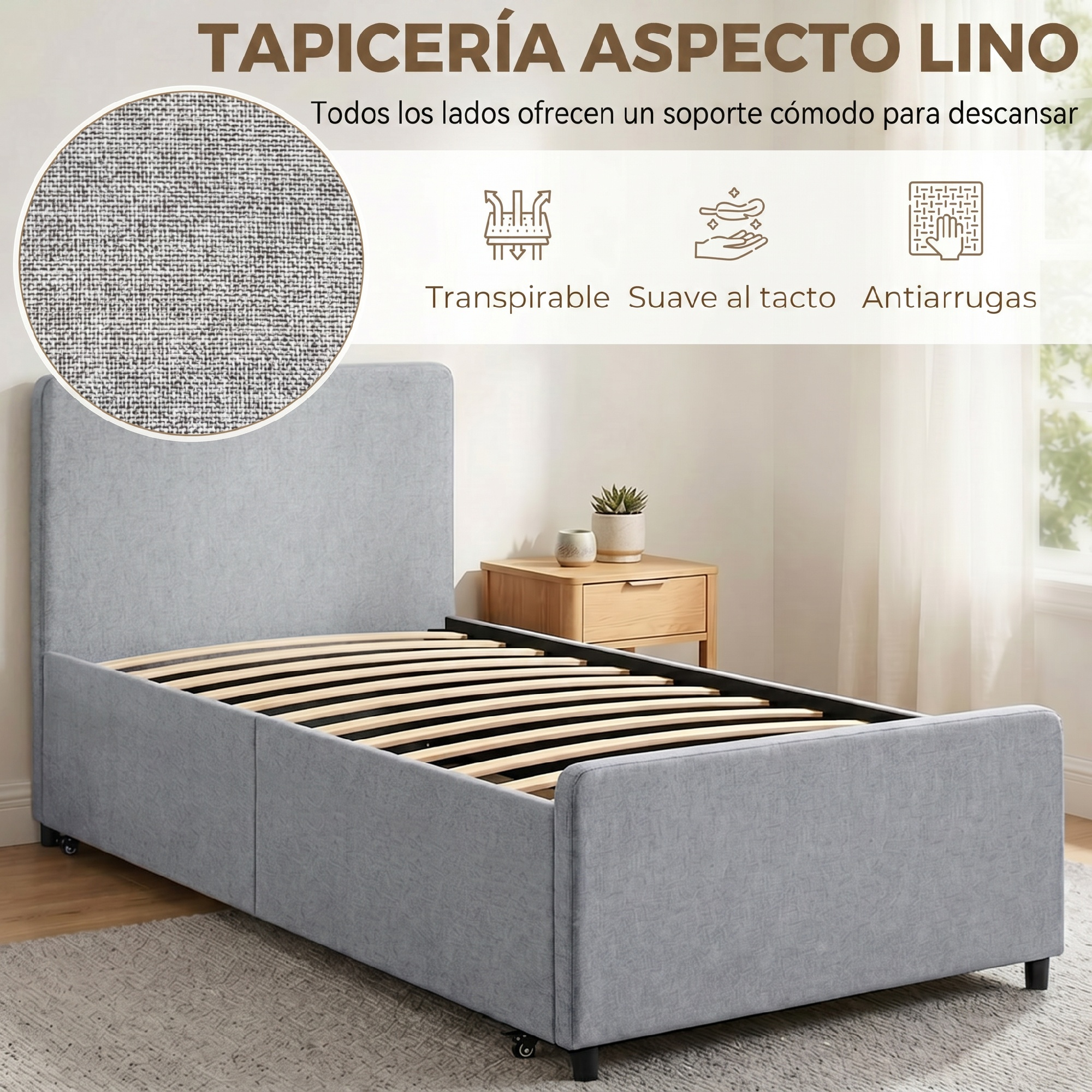 Cama individual tapizada en gris claro con listones de madera, mesita de noche con planta e iconos de características.