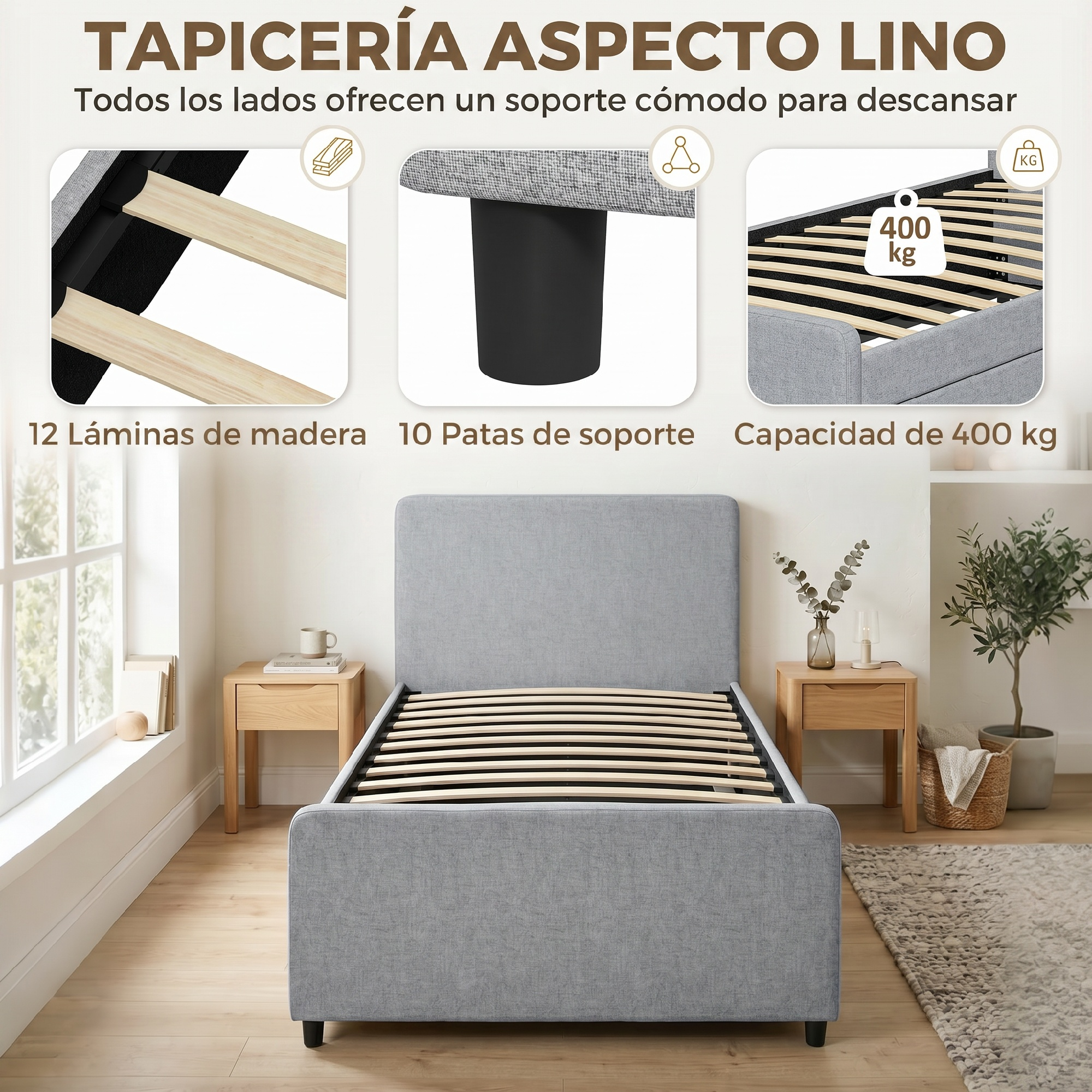 Cama de tela gris con láminas de madera, soporta hasta 400 kg, con detalles de láminas, pata y límite de peso.