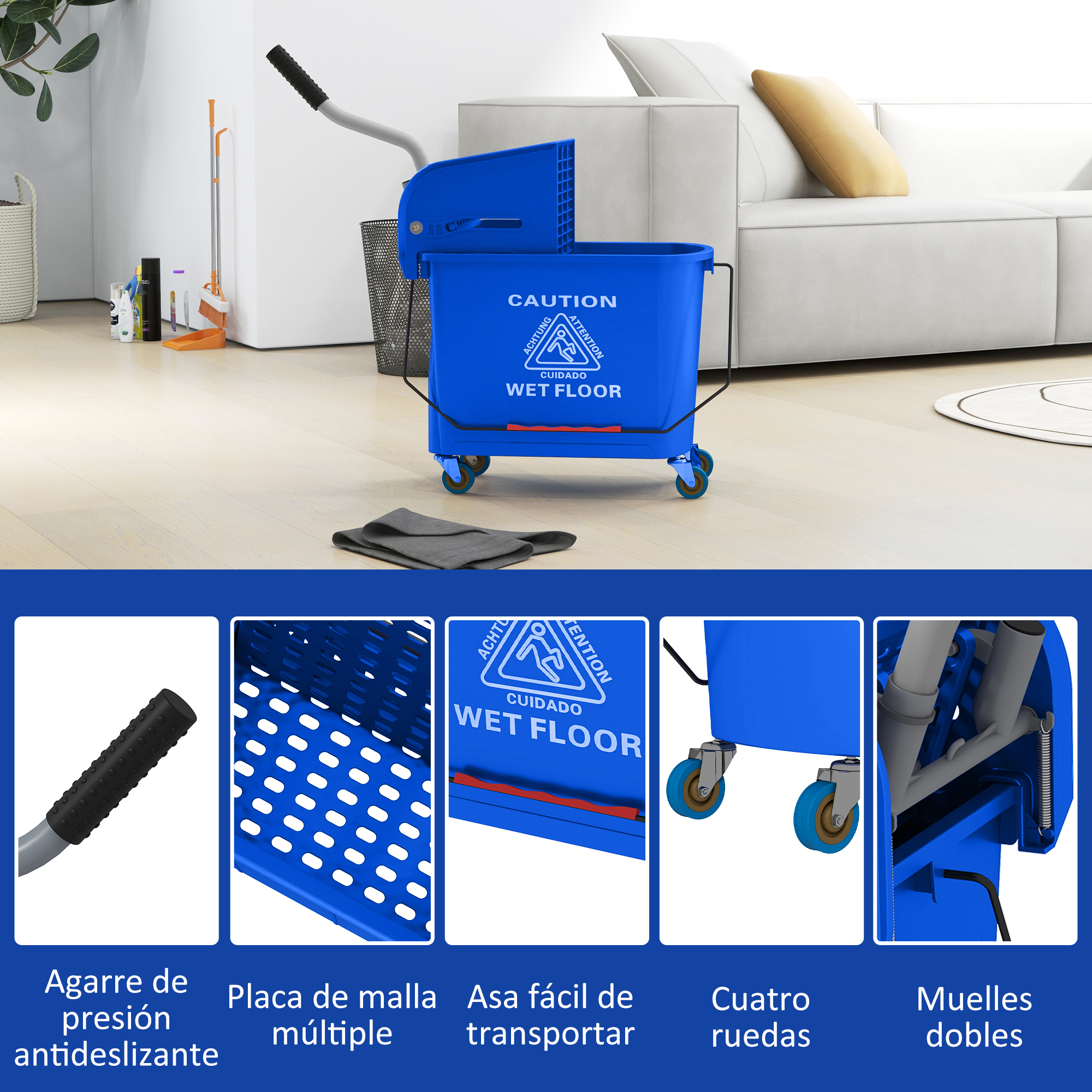 Un cubo de fregona azul con cartel de precaución, ruedas y escurridor, mostrado en una cuadrícula con sus partes.