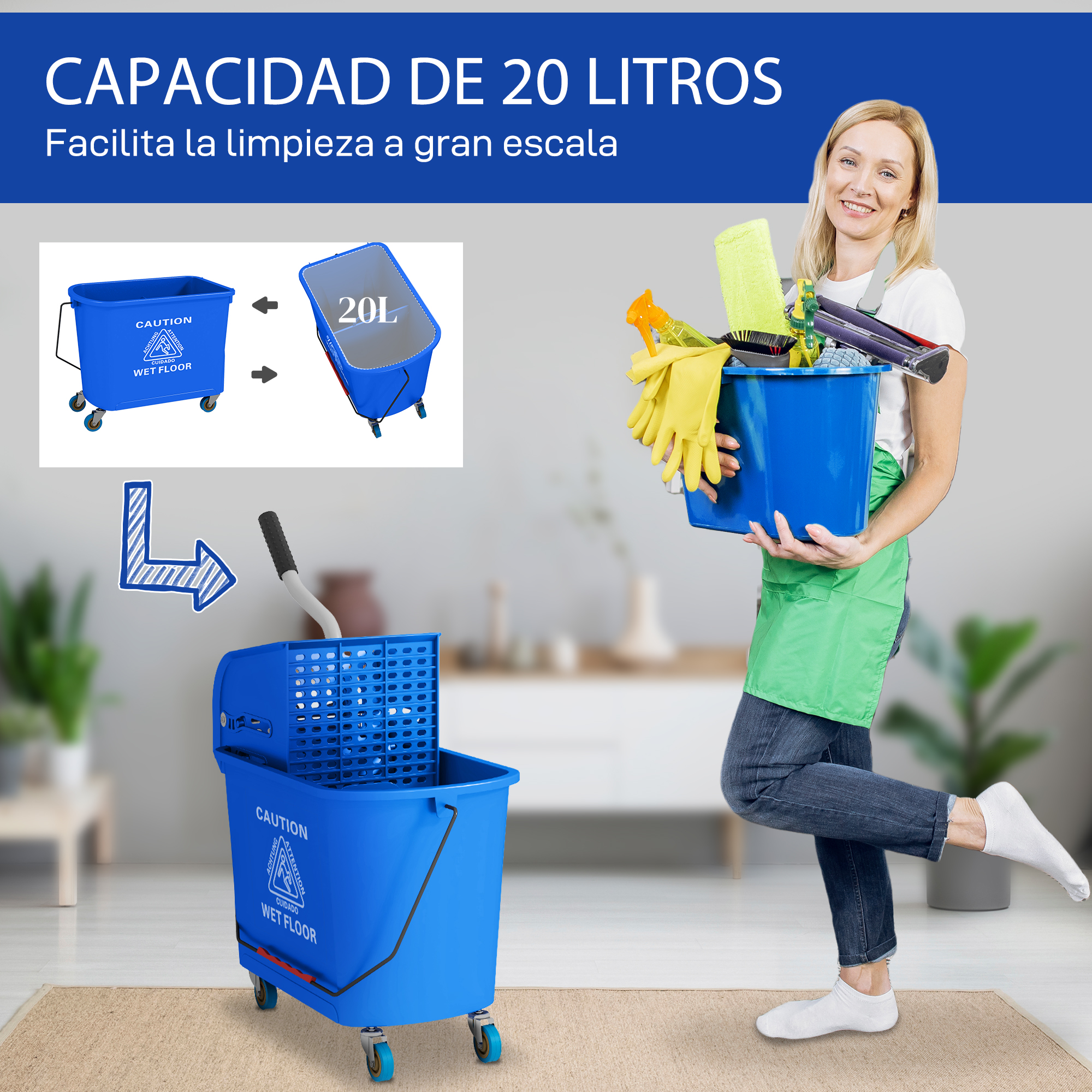 Una mujer sostiene un cubo de limpieza y un balde azul de 20 litros.