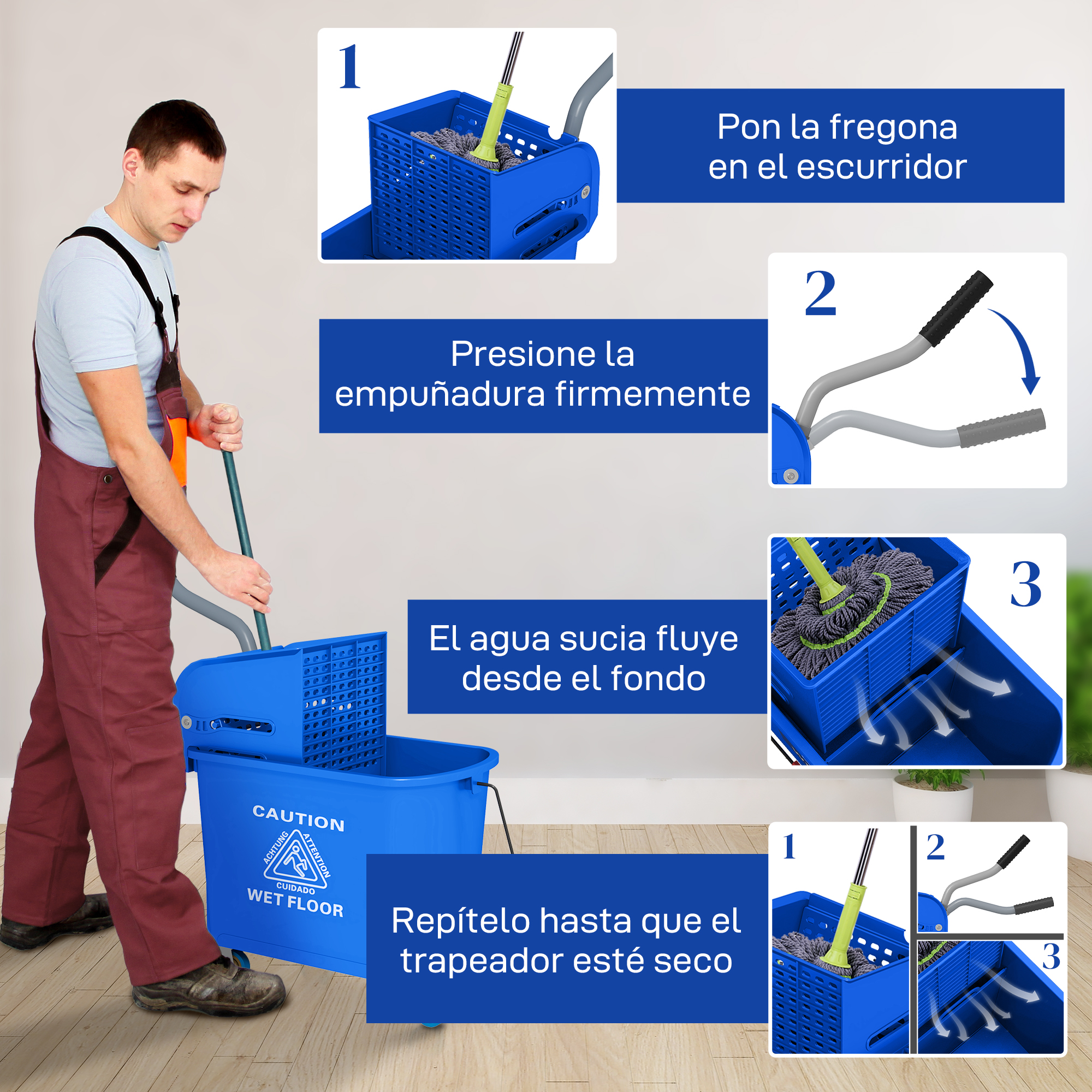 Un hombre demuestra cómo usar un cubo de fregona azul con instrucciones en español en tres pasos.