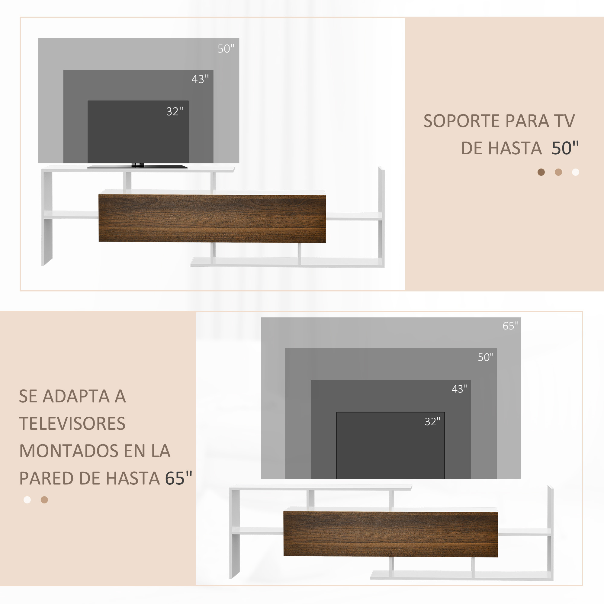 Infografía que muestra un soporte para TV con varios tamaños de pantalla de 32 a 65 pulgadas.