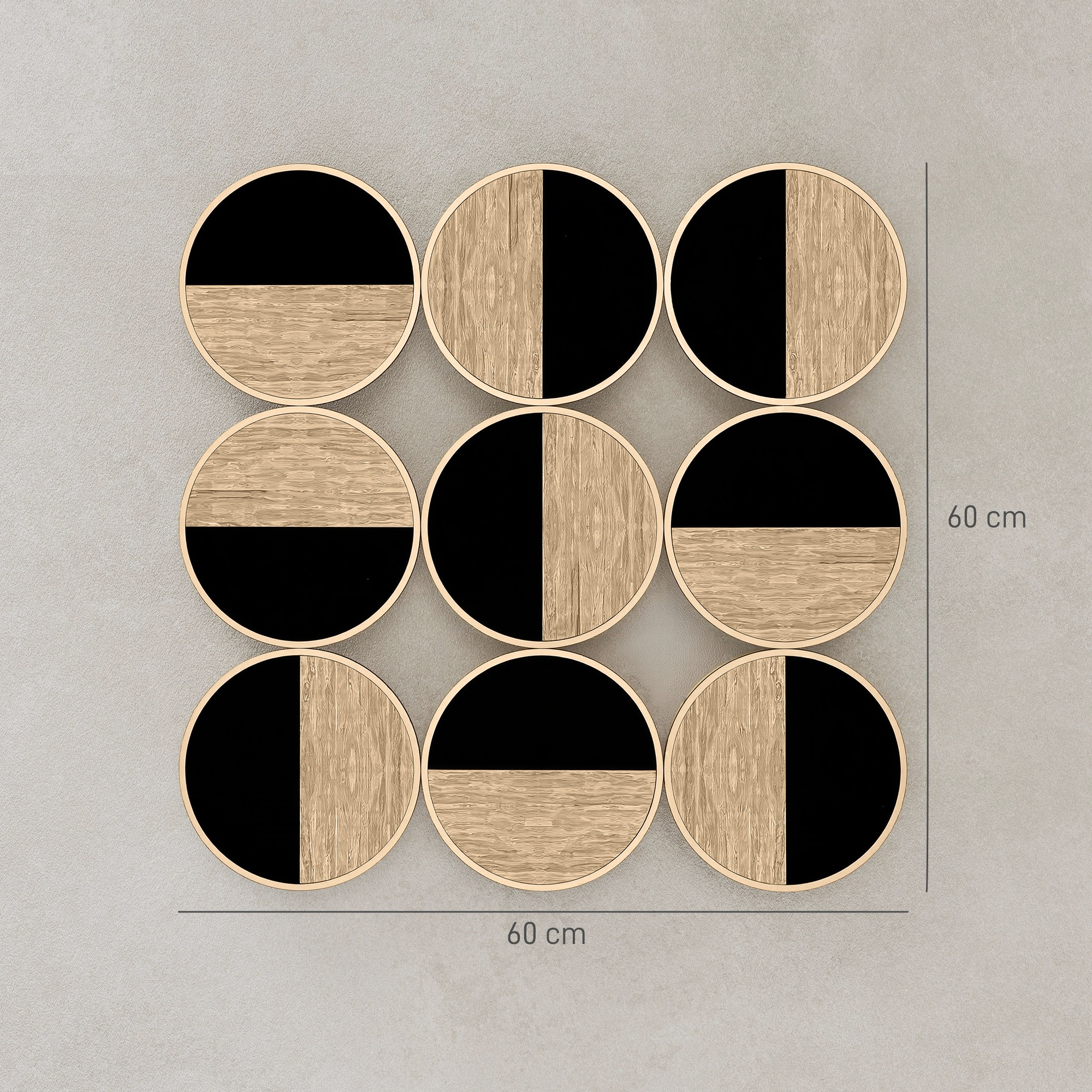 Una cuadrícula de 3x3 de paneles de pared redondos de madera con patrones geométricos negros y de madera sobre fondo gris.