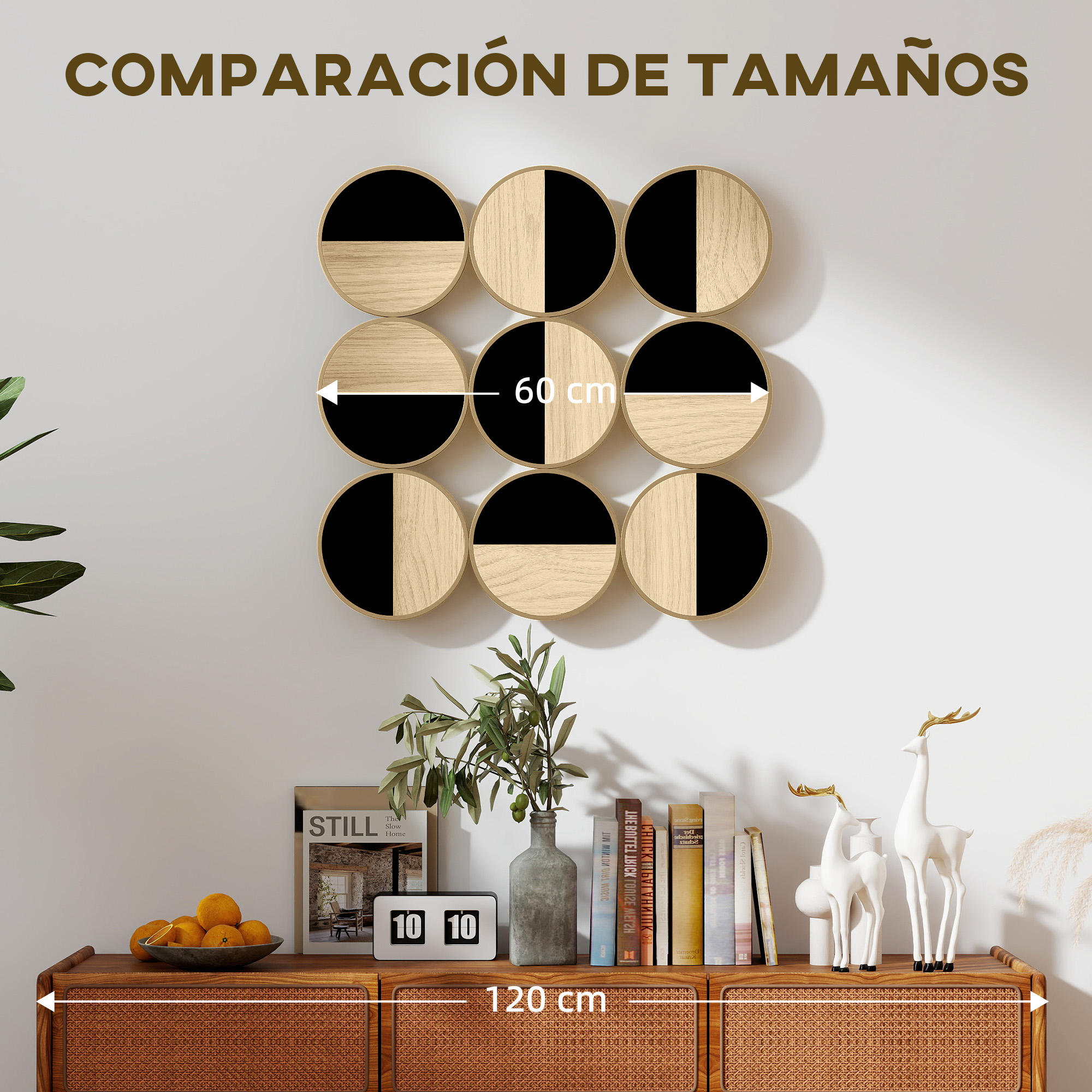 Arte de pared de nueve paneles circulares de madera y negros sobre un aparador con decoración.