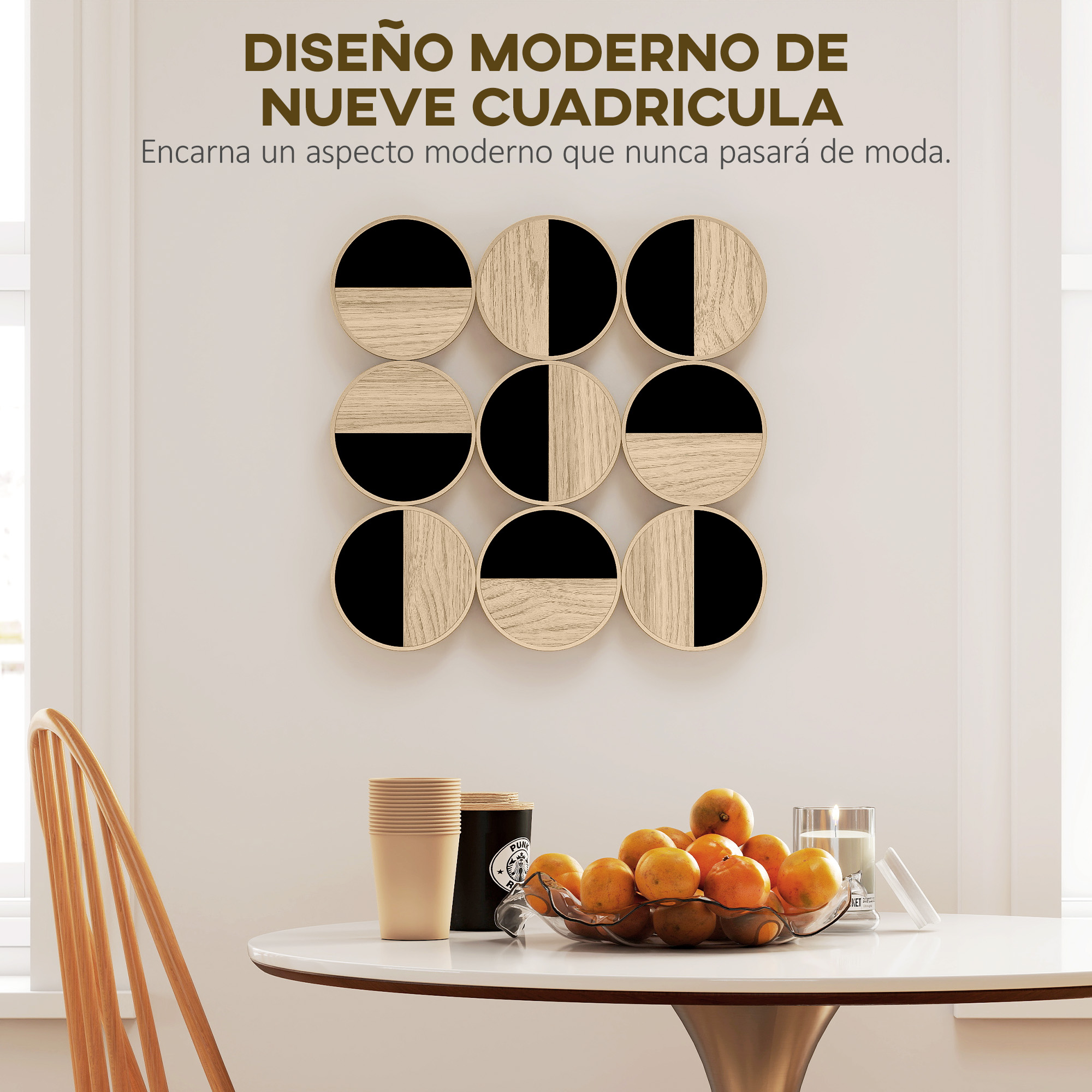 Arte de pared de nueve círculos de madera con patrones negros y de madera sobre una mesa con naranjas y tazas.