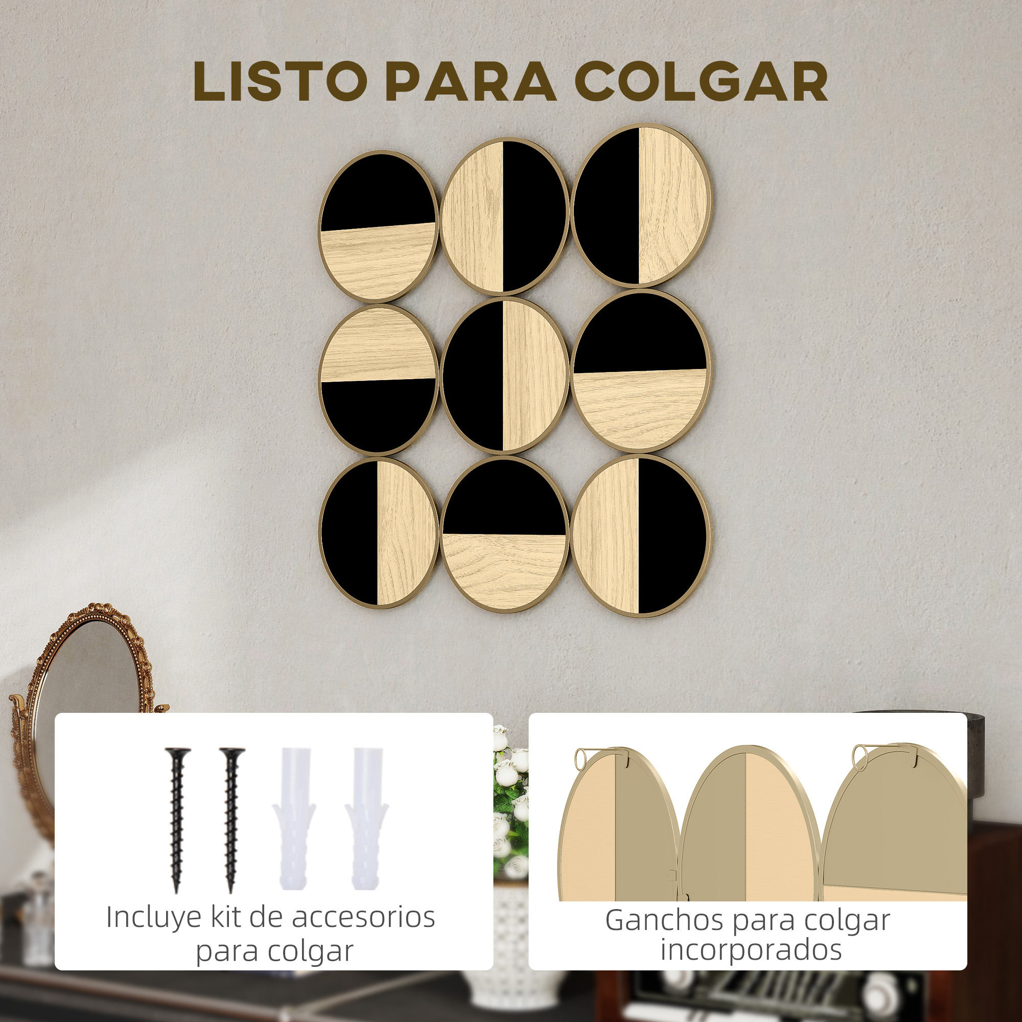 Nueve paneles de arte de pared de madera redondos con patrones geométricos en una pared clara, kit incluido.