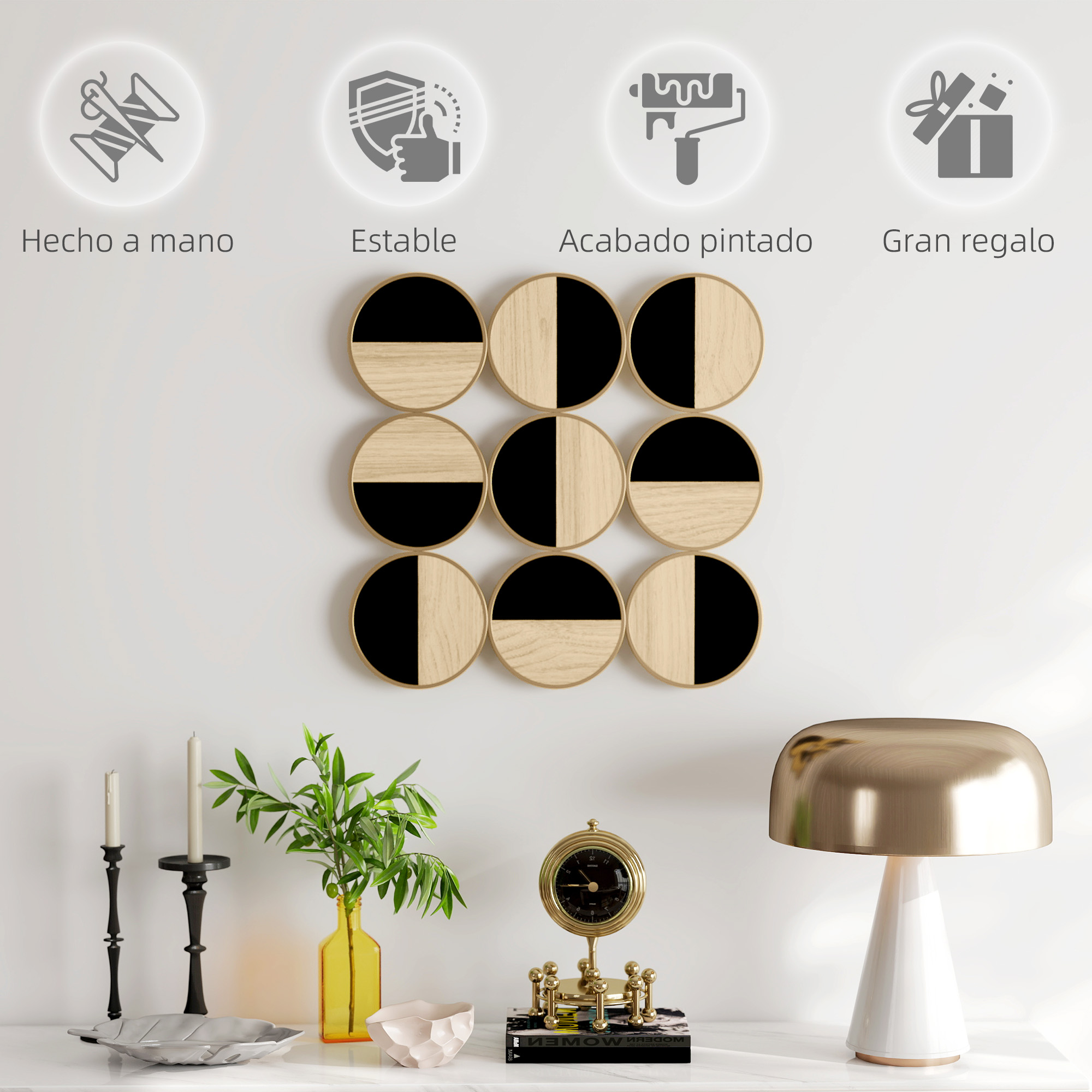 Arte de pared de nueve círculos de madera con patrones geométricos en blanco y negro, sobre una mesa decorada.