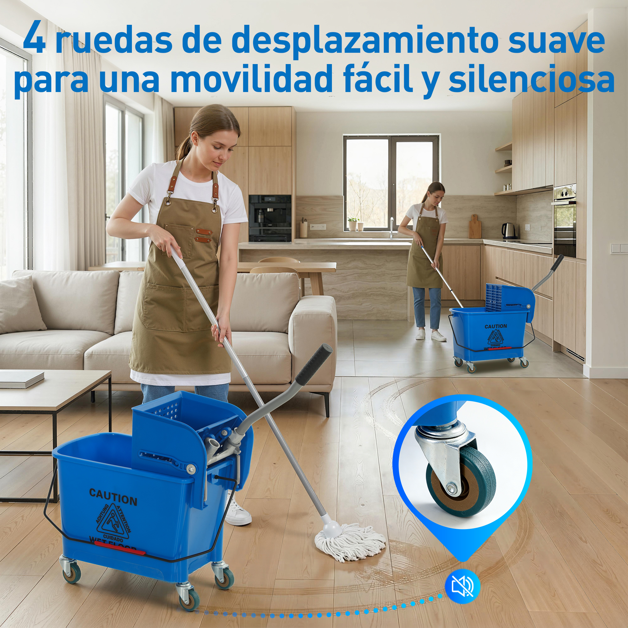 Mujer friega el suelo con un cubo azul con ruedas.