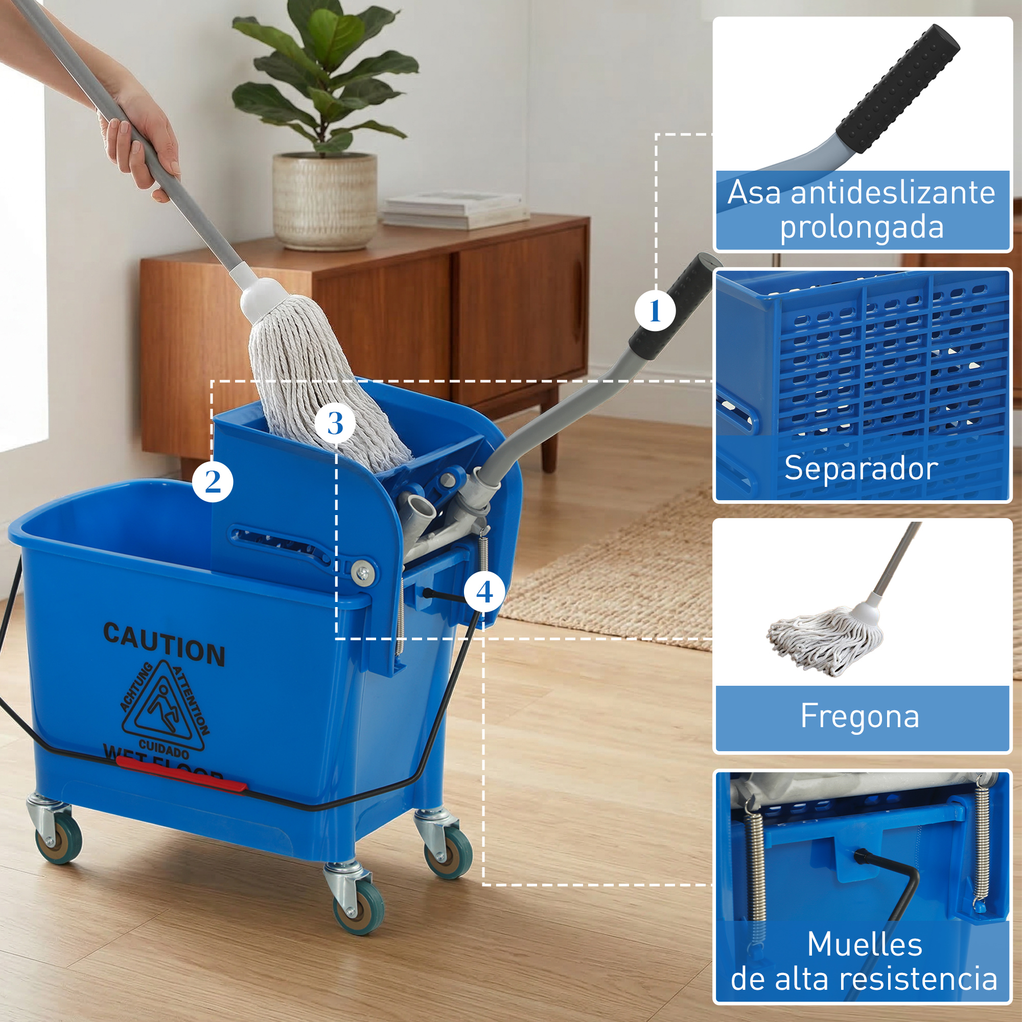 Un cubo de fregona azul con ruedas y cuatro detalles del producto destacados en inserciones blancas.