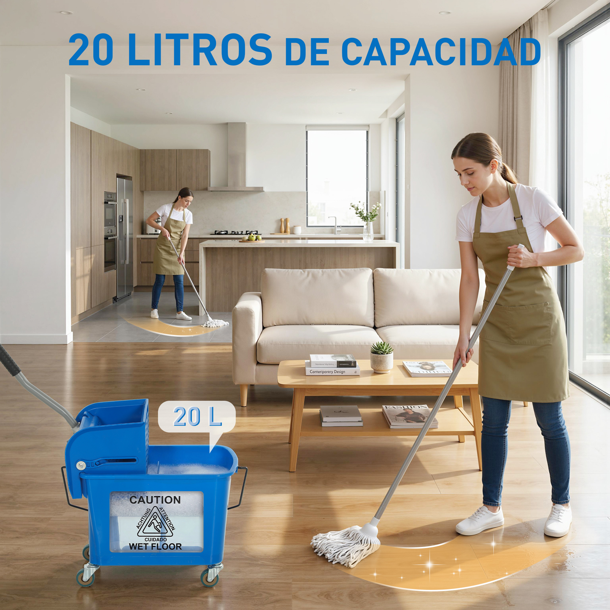 Mujer friega el suelo junto a un cubo azul de 20L en un salón.