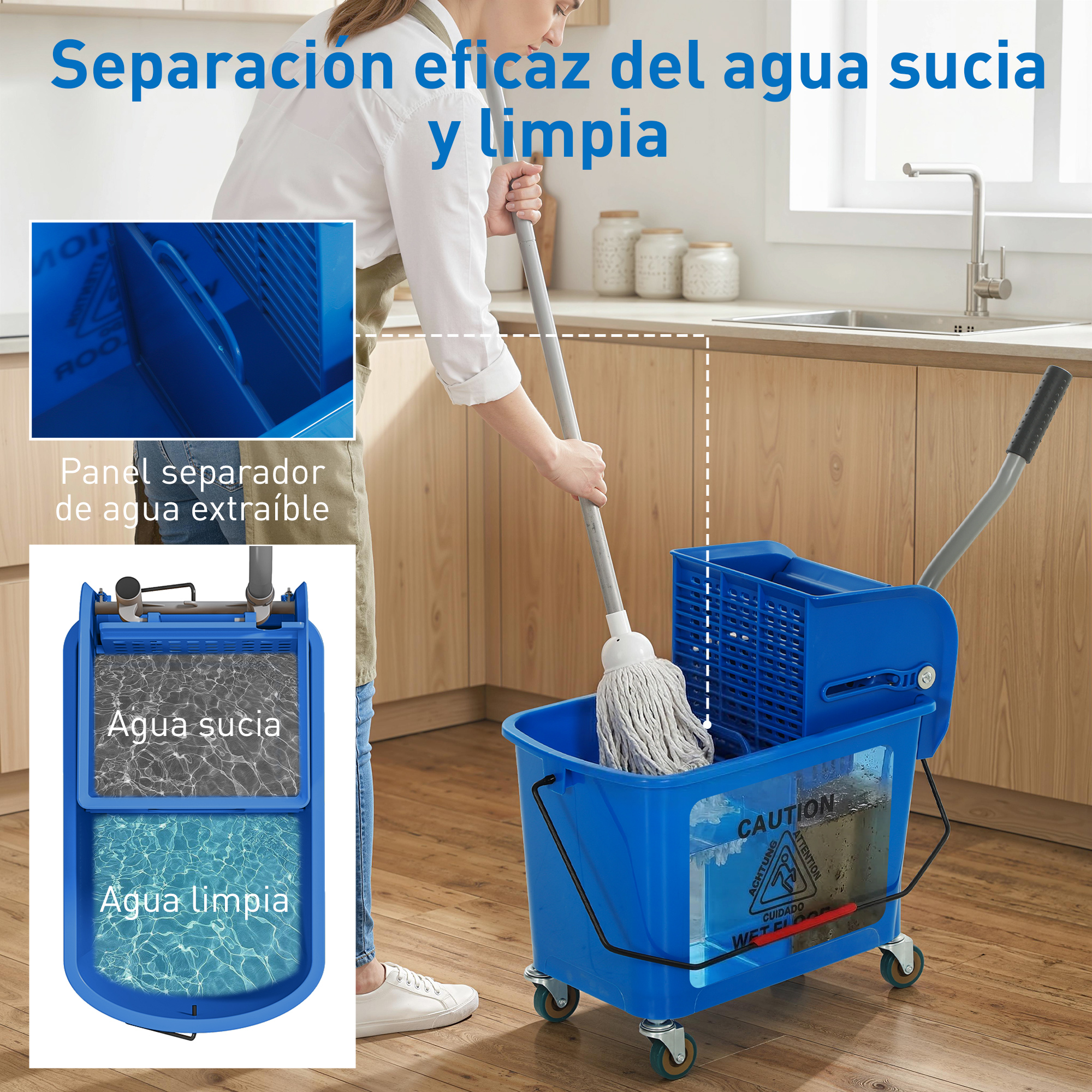 Una mujer friega el suelo con un cubo azul con ruedas que separa el agua sucia y limpia.