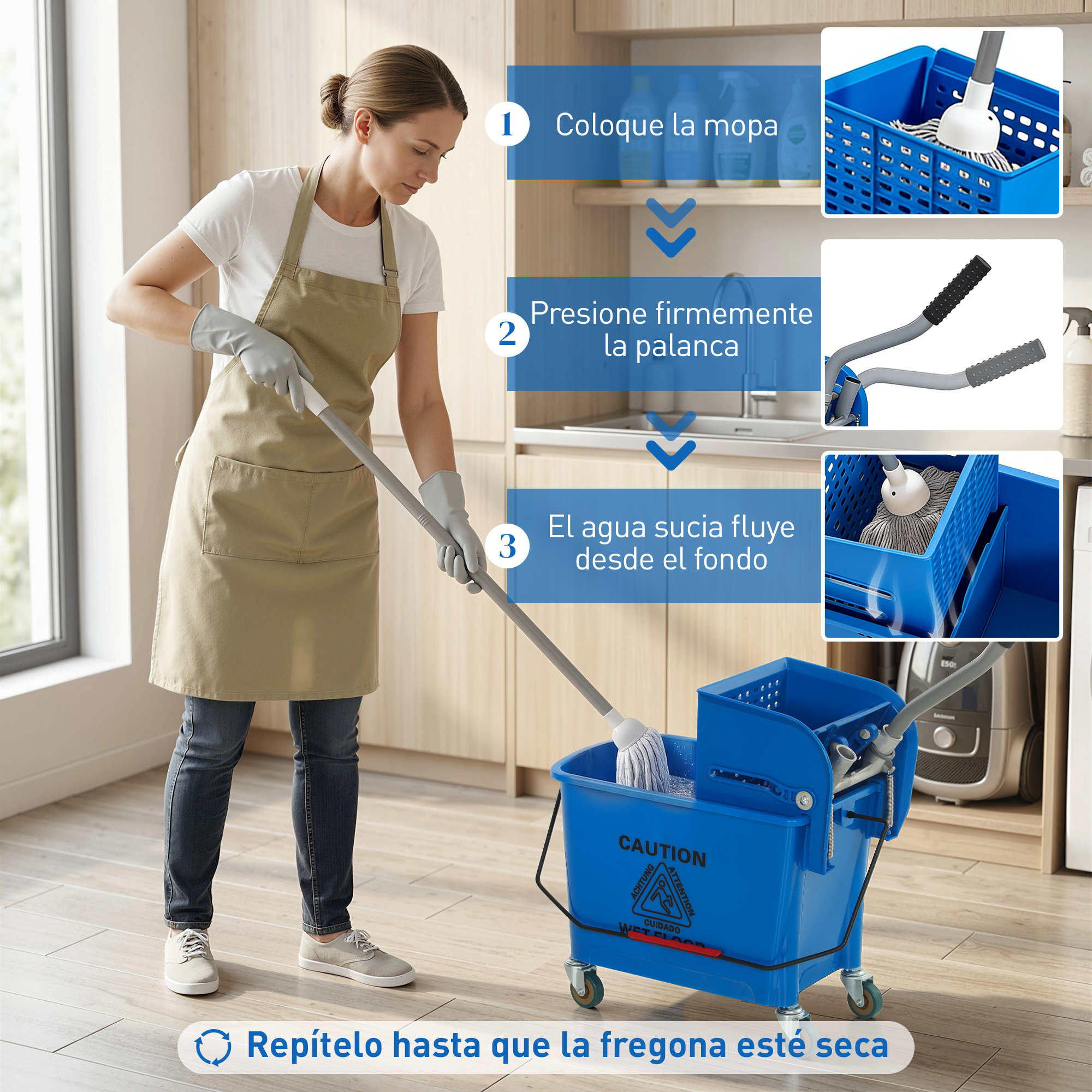 Una mujer con delantal y guantes friega el suelo con un cubo azul, con pasos de instrucciones a un lado.